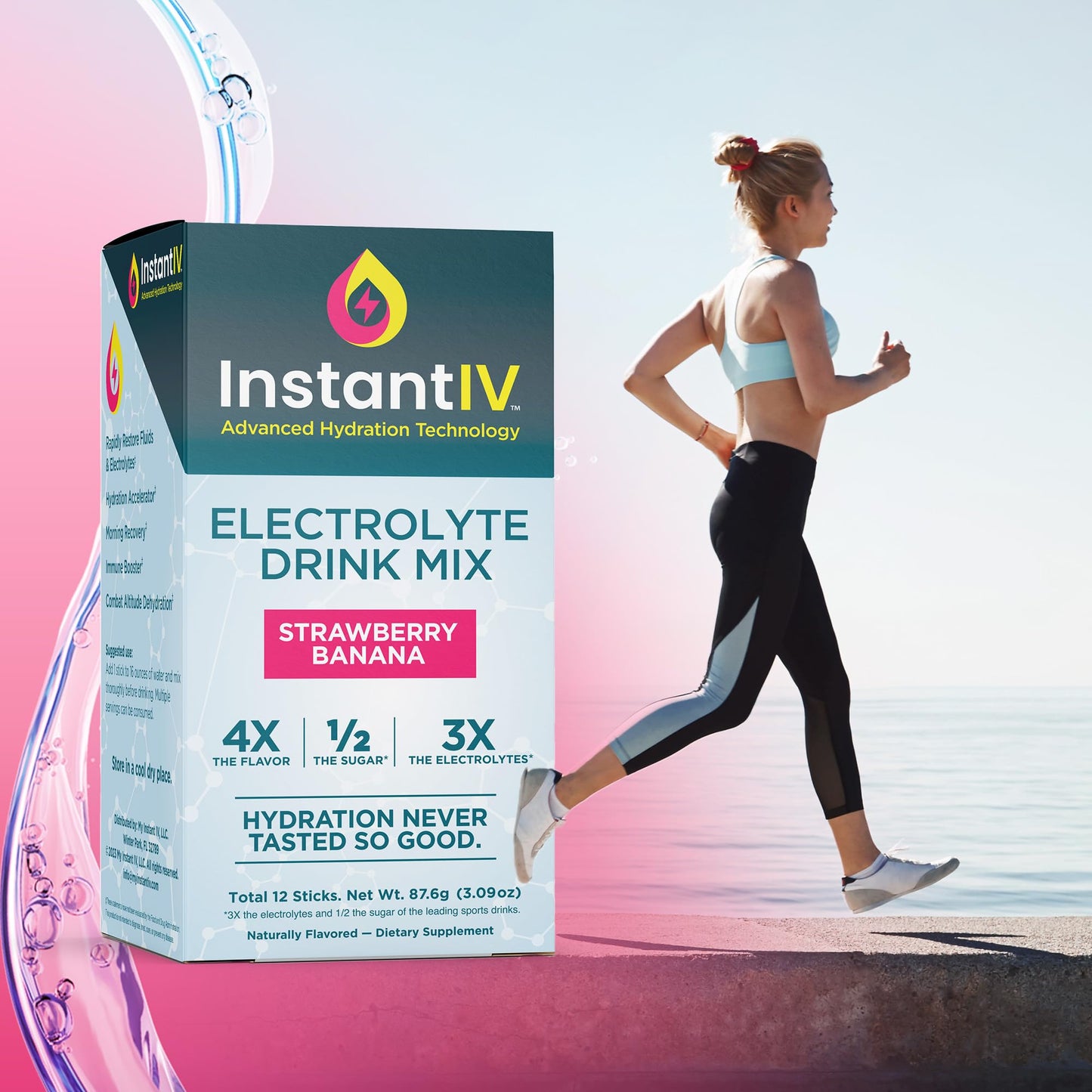 Electrolytes Powder - 3X Electrolytes,1/2 Sugar with Vitamin C, B3, B6, Electrolytes Powder Packets for Hydration, Recovery & Immunity, Vegan & Gluten Free | Strawberry Banana - 12 Packets