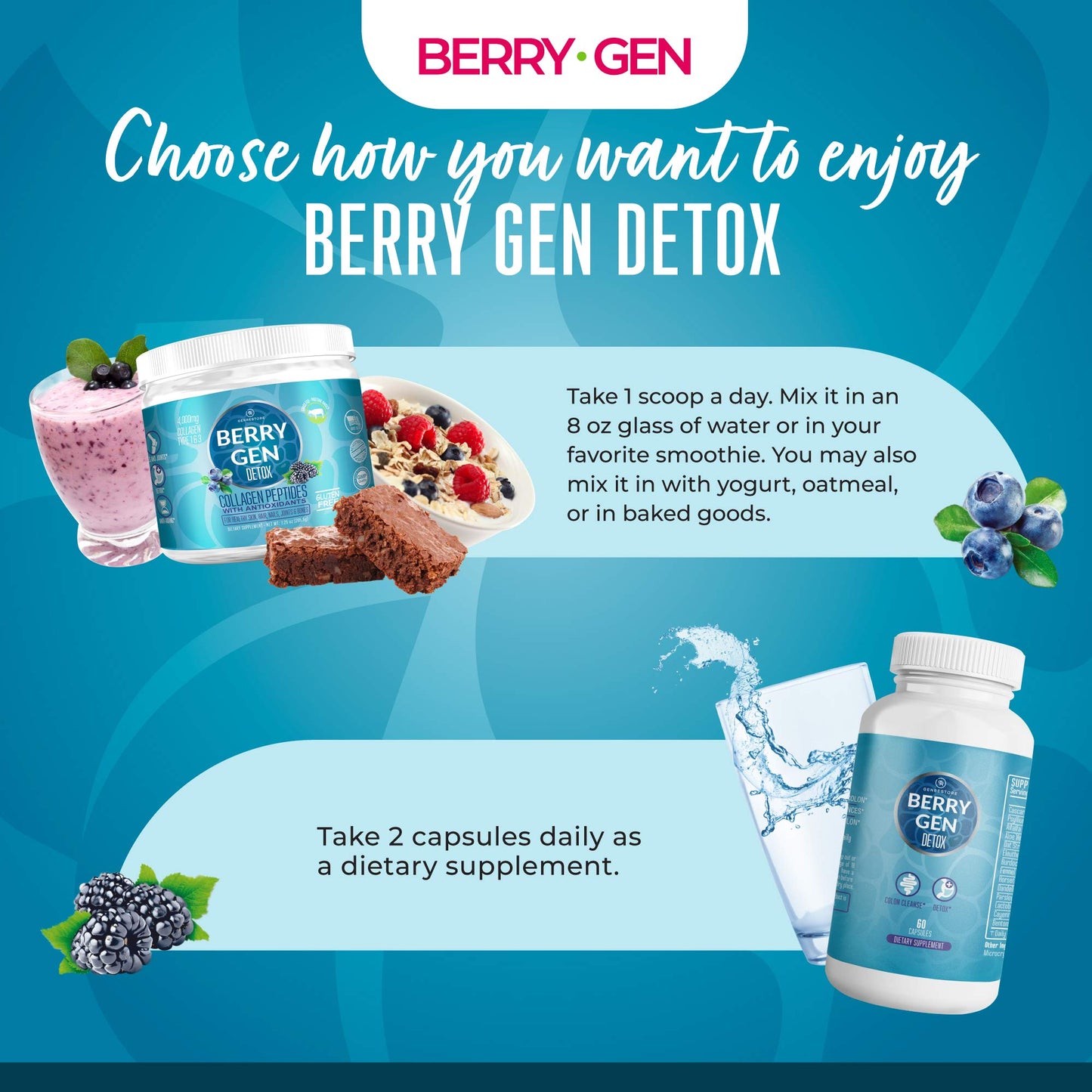 Berry Gen: Detox Herbal Supplement with Probiotics, Aloe Vera, Psyllium Husk, and Parsley - 60 Capsules - Natural Formula - Supports Digestive System - Made in The USA