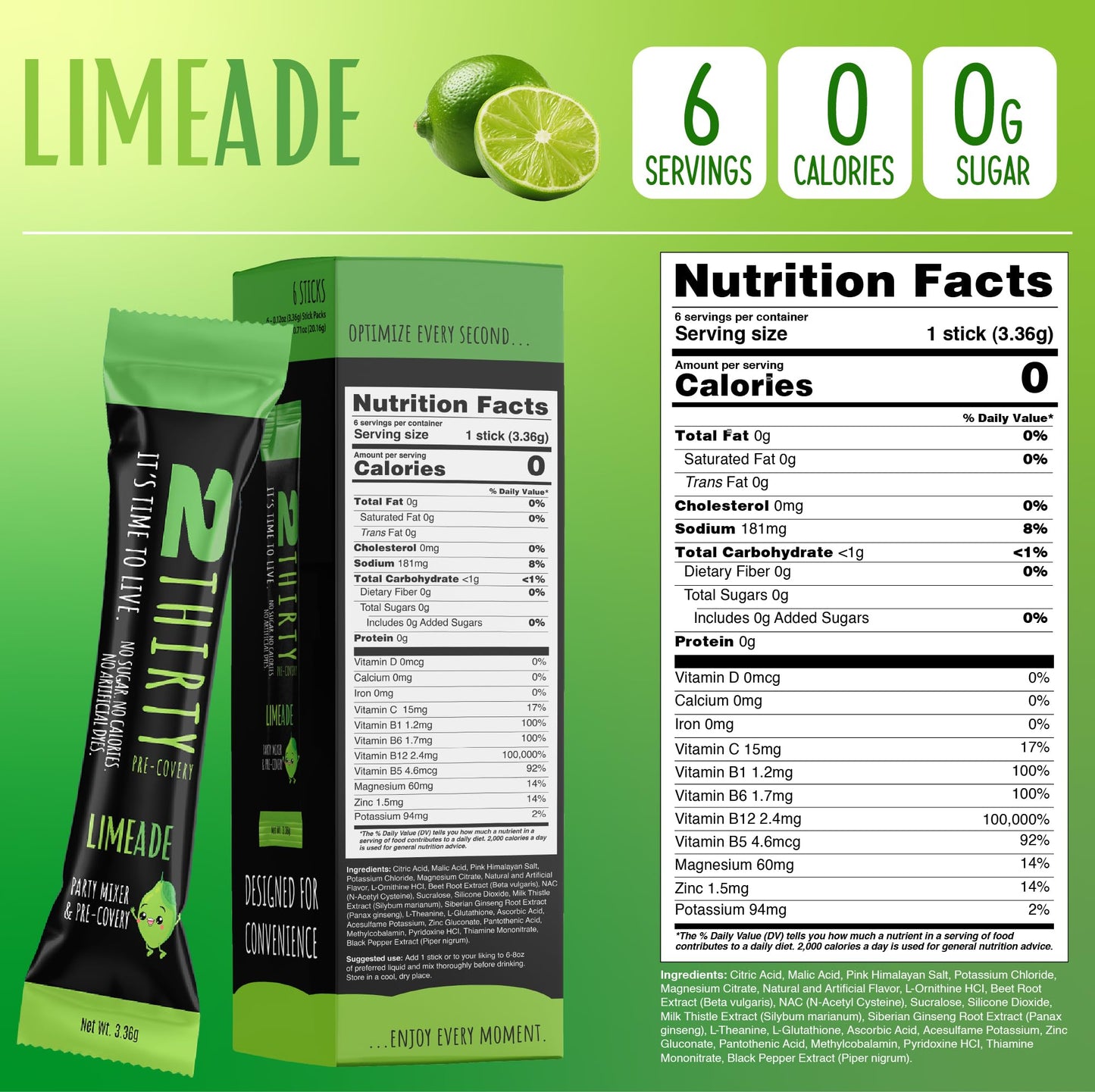 2THIRTY Hydration & Precovery Mixer | No Sugar, Zero Calories | Electrolyte Powder Packets + Vitamin B12, Aminos & Natural Herbs (6 Pack, Limeade)
