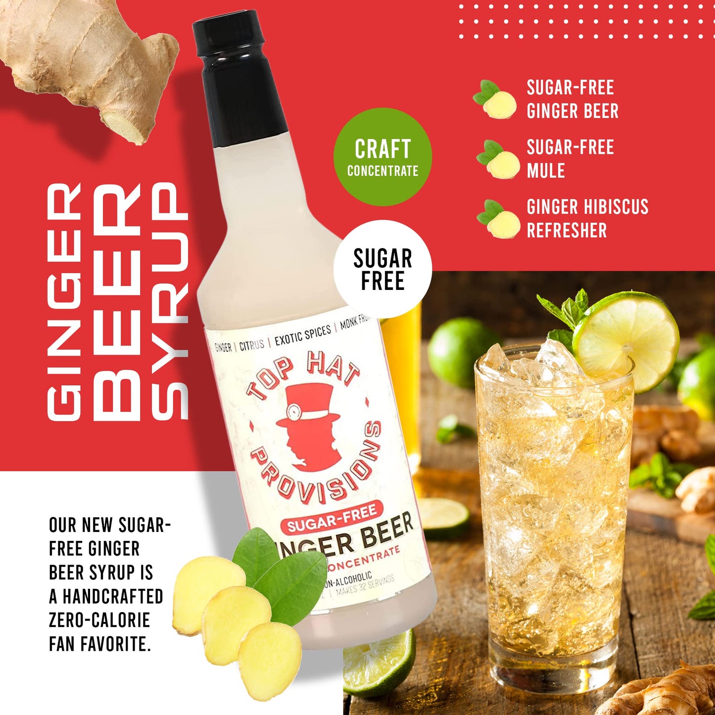 Top Hat Keto Sugar Free Ginger Beer Syrup Moscow Mule Mix Naturally Sweetened with Monk Fruit Craft Soda Mixer Ginger Syrup for Cocktail Drinks Just Add Seltzer Water 32oz Bottle
