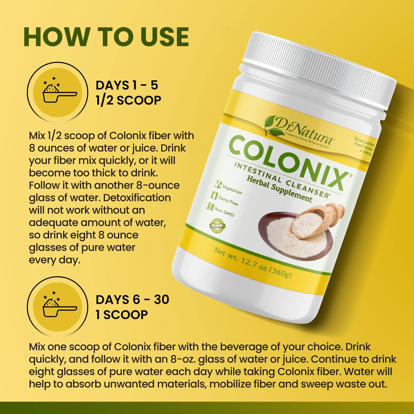 DrNatura Colonix Intestinal Cleanser, All-Natural Daily Fiber, Colon Detox and Cleanse, Supports Healthy Colon, Intestines, Gut, 30 Day Serving, 12.7 Oz.