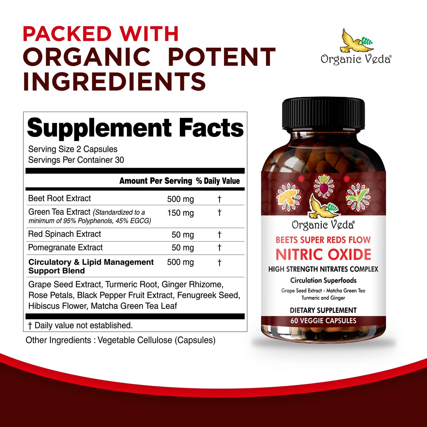 Organic Veda Beet Root Grape Seed & Red Spinach Nitric Oxide Capsules - Concentrated Beets Nitrates Supplements with Circulation Booster Green Tea Extract, Turmeric, Pomegranate - 60 Vegan Pills