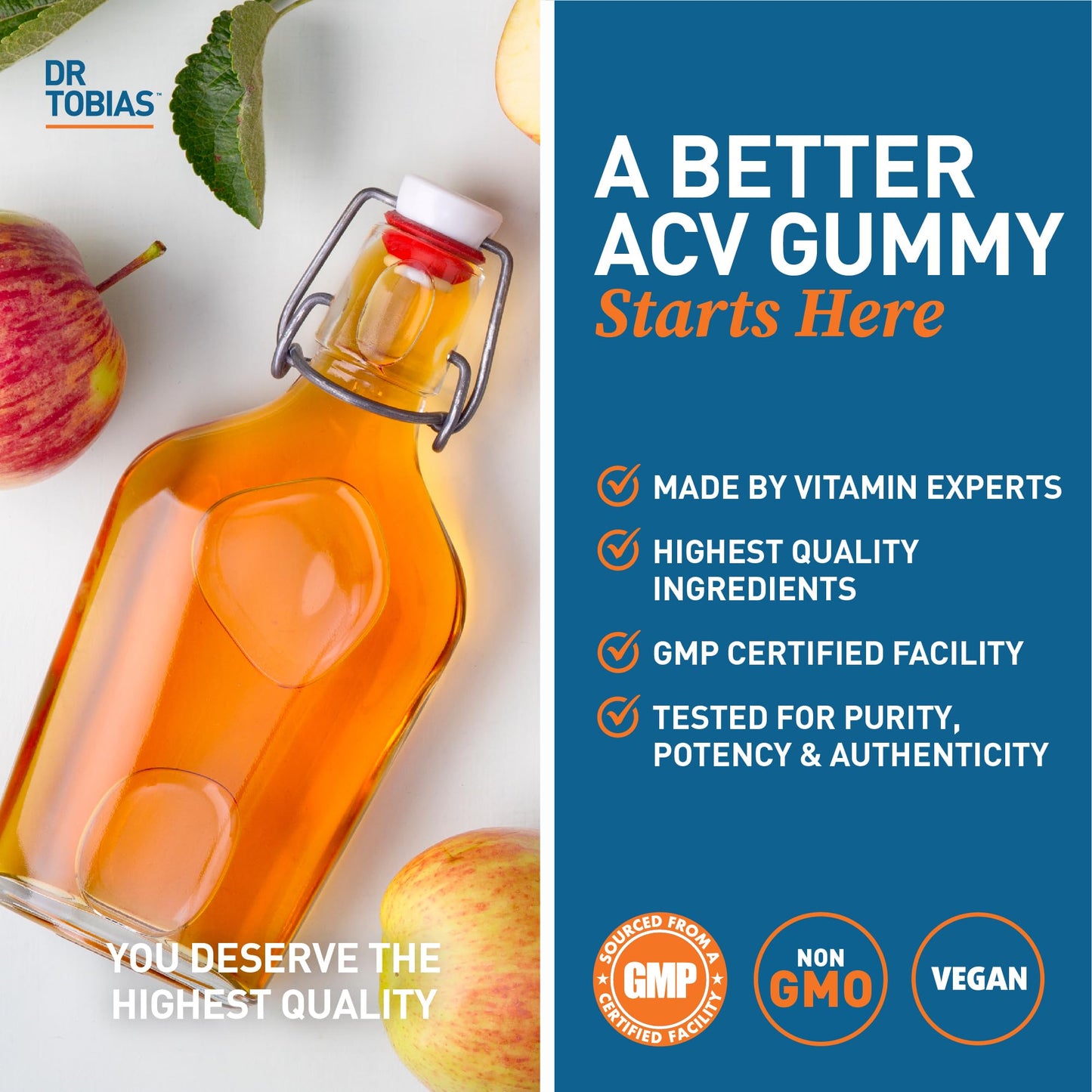 Dr. Tobias Apple Cider Vinegar Gummies, Includes 500 mg Apple Cider Vinegar with Mother, Folate, B12 & Iodine, Supports Gut Health, Cleanse & Detox, Vegan, Gluten-Free, 60 Gummies