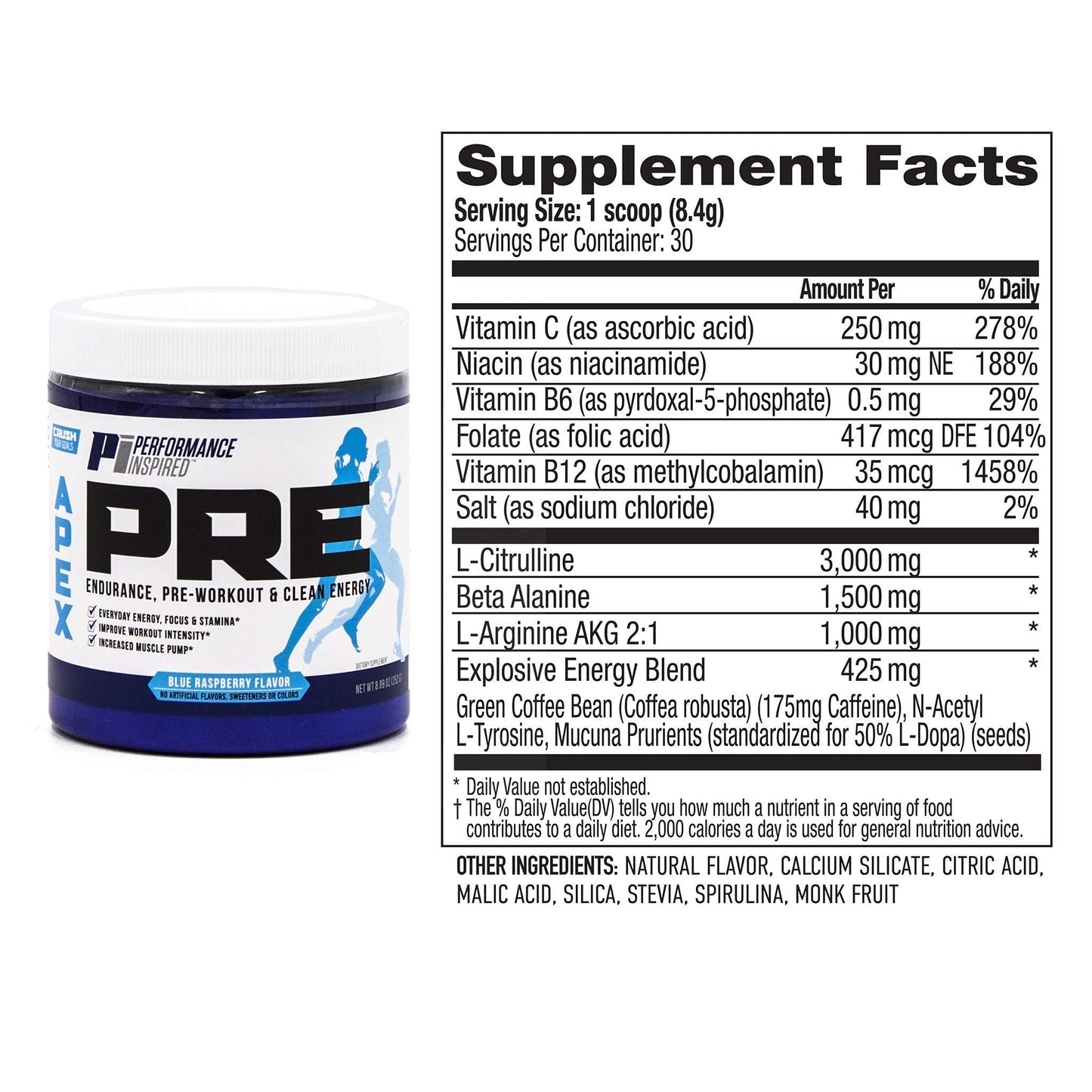 PERFORMANCE INSPIRED Nutrition - APEX Pre Workout Powder - Increase Energy & Endurance - Caffeine - Beta Alanine - All Natural - Vegan Formula - Blue Raspberry