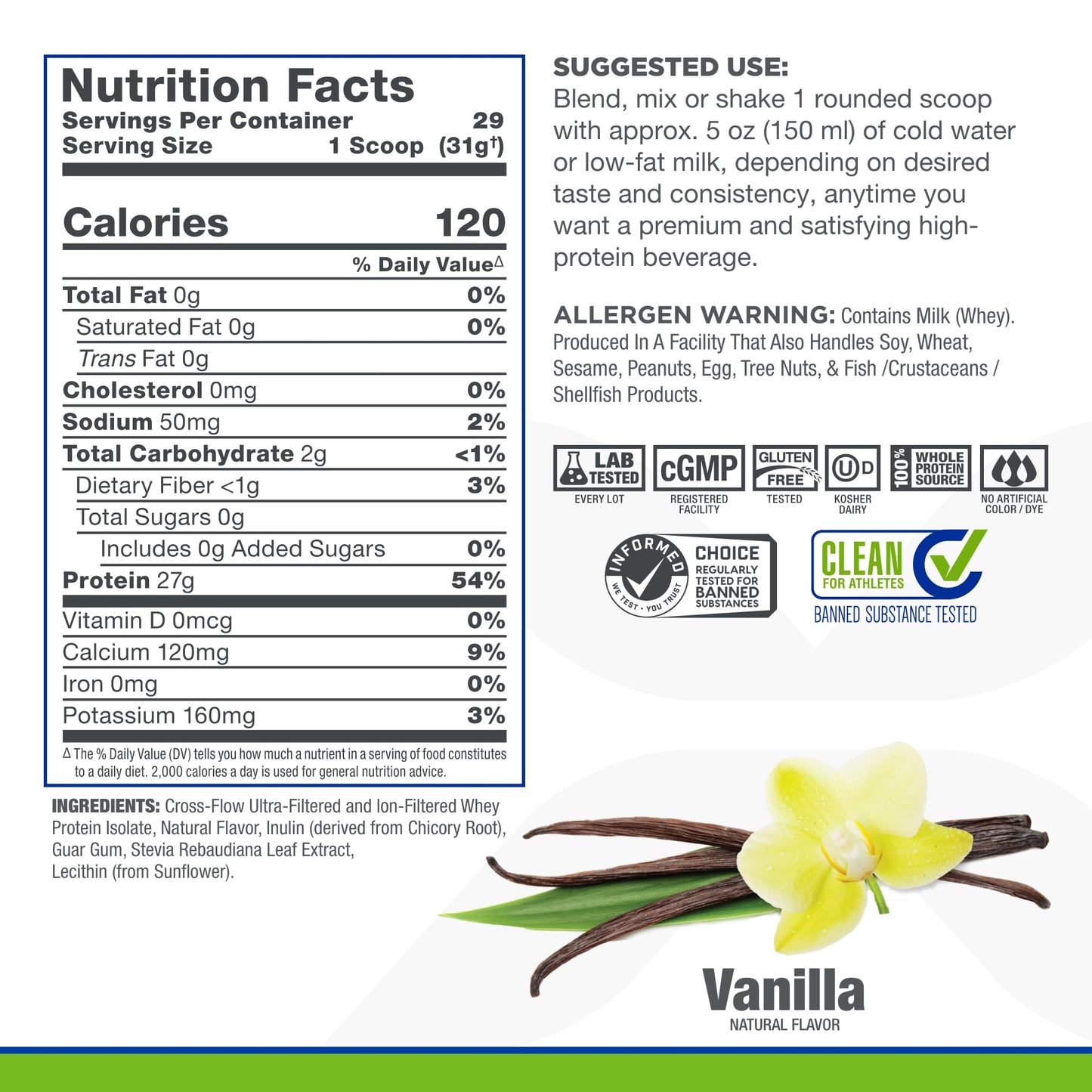ALLMAX ISONATURAL Whey Protein Isolate, Vanilla - 2 lb - 27 Grams of Protein Per Scoop - Zero Fat & Sugar - 99% Lactose Free - With Prebiotics - No Artificial Flavors - Approx. 29 Servings