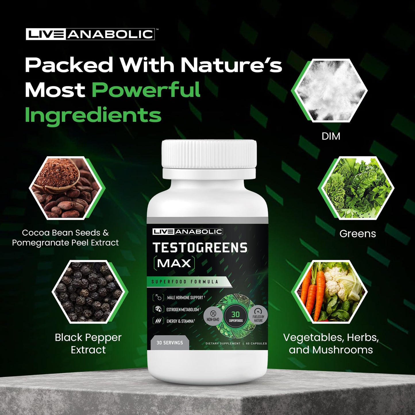 Live Anabolic - TestoGreens Max - Men’s Daily Greens Capsule Supplement, Natural Male Hormone Support, Enhanced Energy & Stamina