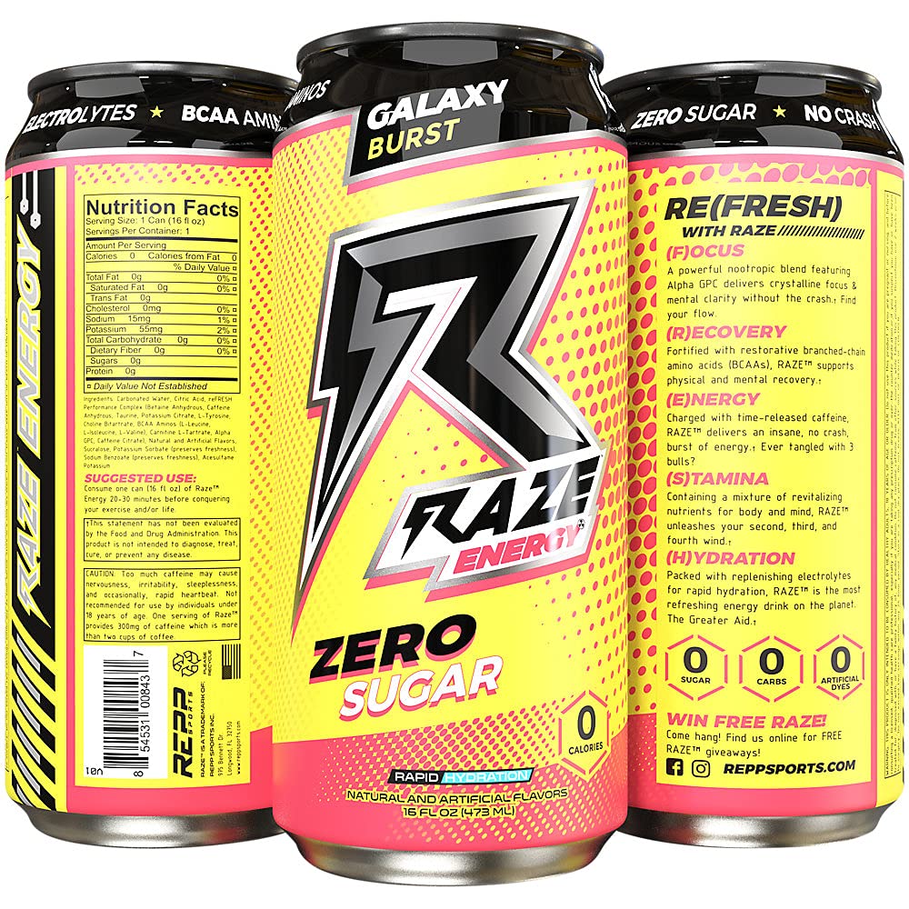 RAZE Zero Sugar Energy Drink 300mg Caffeine Zero Calories Sugar Free Energy Drink Performance and Hydration Galaxy Burst 12 Pack