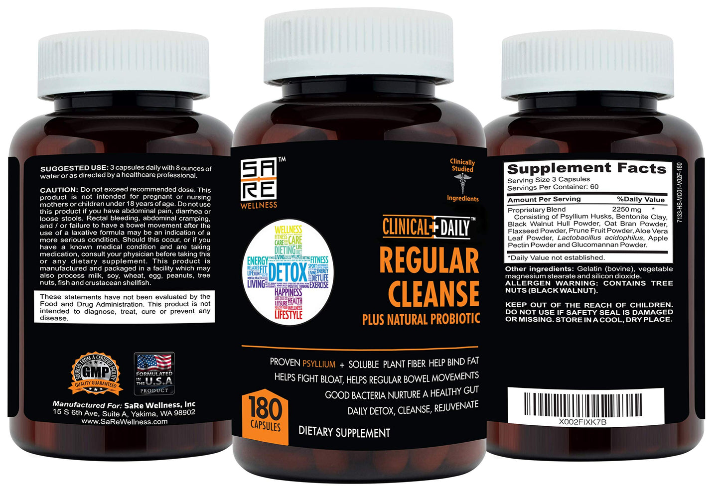 Clinical Daily Regular Cleanse Plus Natural Probiotic - Colon Cleanse & Gut Detox Supplement - Assists with Energy and Constipation Relief - Herbal Dietary Fiber Psyllium Husk Capsules - 180 Count