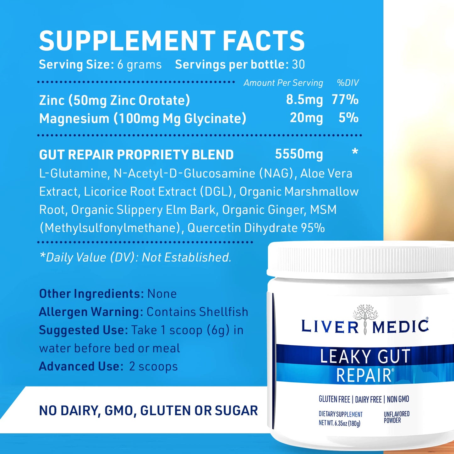 Liver Medic Leaky Gut Repair Gut Health Support: L-Glutamine, Slippery Elm for IBS, Heartburn Relief, Bloating to Soothe Stomach for Women & Men Capsules (Unflavored) 180g