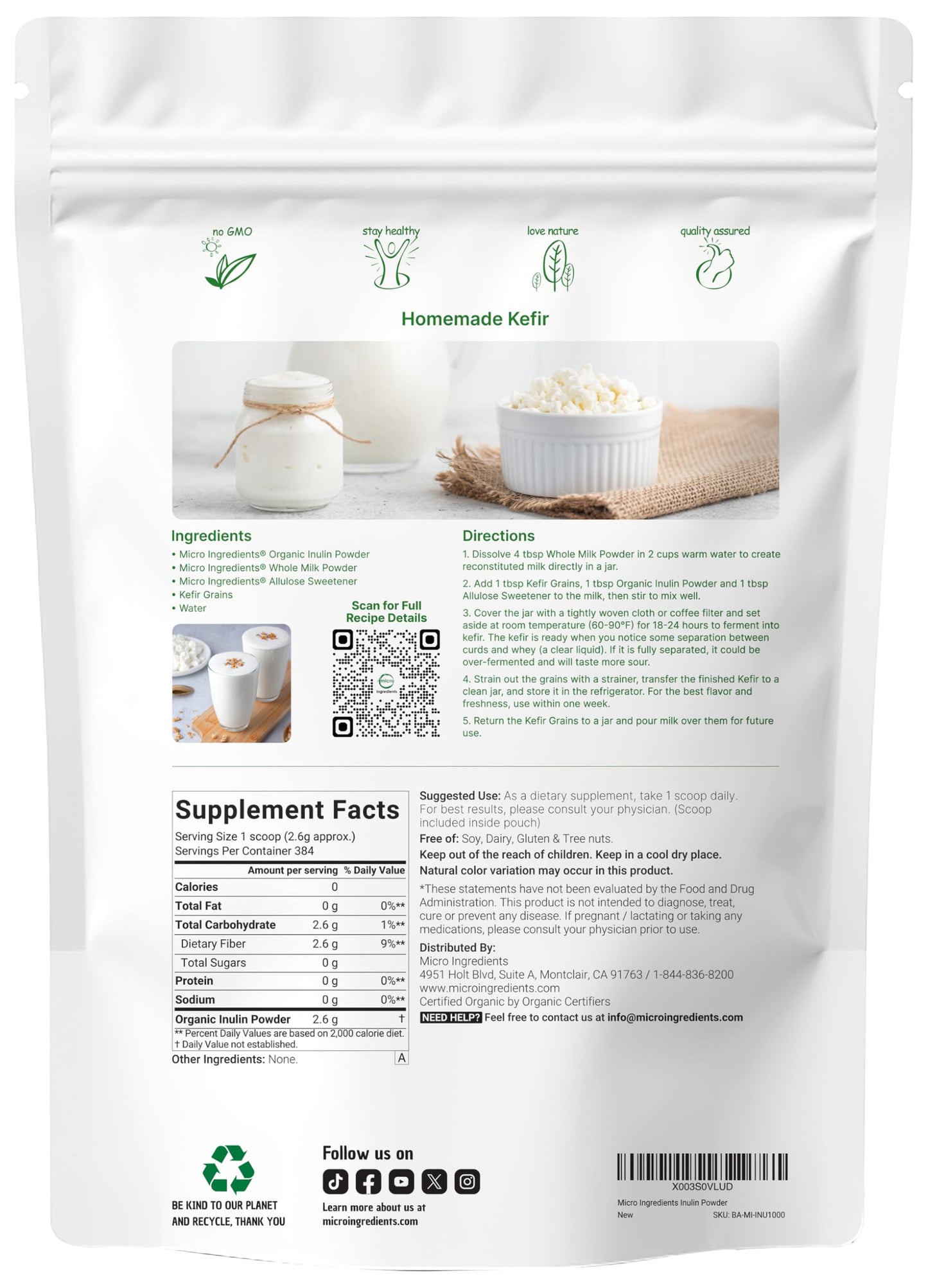Organic Inulin FOS Powder (Jerusalem Artichoke), 2.2 Pounds (35 Ounce), Quick Water Soluble, Prebiotic Intestinal Support for Colon and Gut Health, Natural Fibers for Smoothie & Drinks, Vegan Friendly