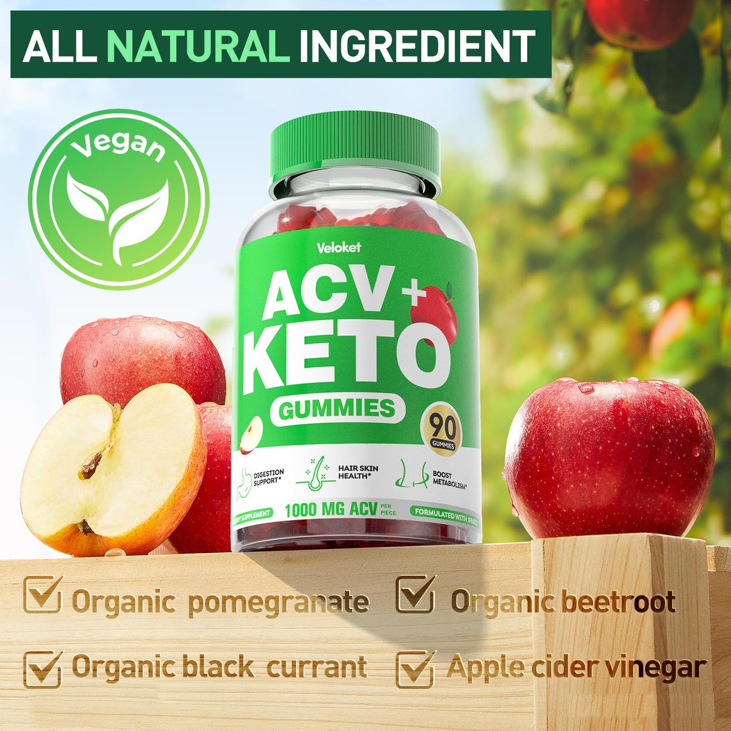90 CT Apple Cider Vinegar Gummies, Keto Acv Gummies, Advanced Formula with 1000mg Acv Beet Root Pomegranate, Vegan Gluten-Free (1 Pack)