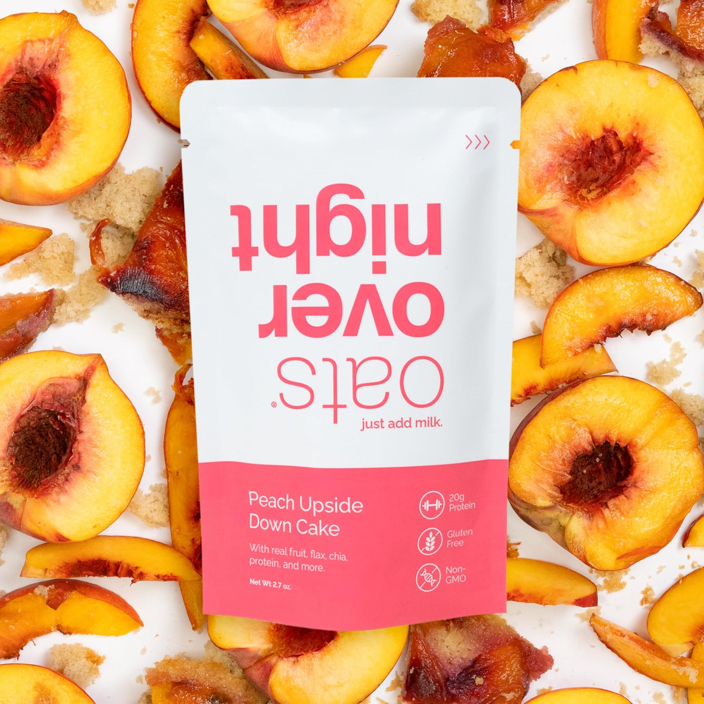Oats Overnight Peach Upside Down Cake 20g Protein High Fiber Breakfast Shake Gluten Free Non GMO Oatmeal 27 oz per meal 8 Pack