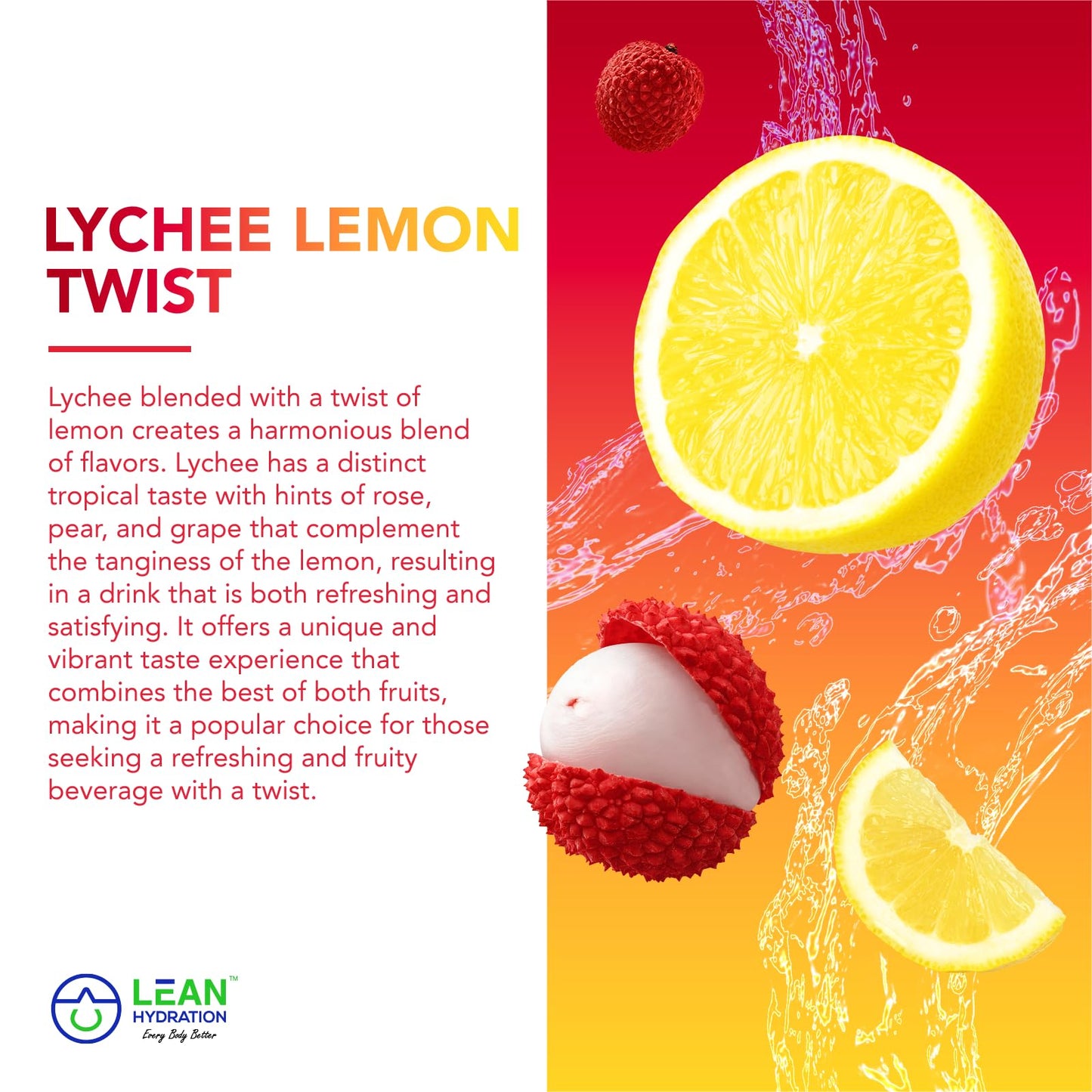 LEAN Hydration Daily Natural Electrolyte Packets Drink Mix | Zero Calories, Zero Sugar Plus Vitamins, Minerals & More | 16 ct (Lychee Lemon Twist)