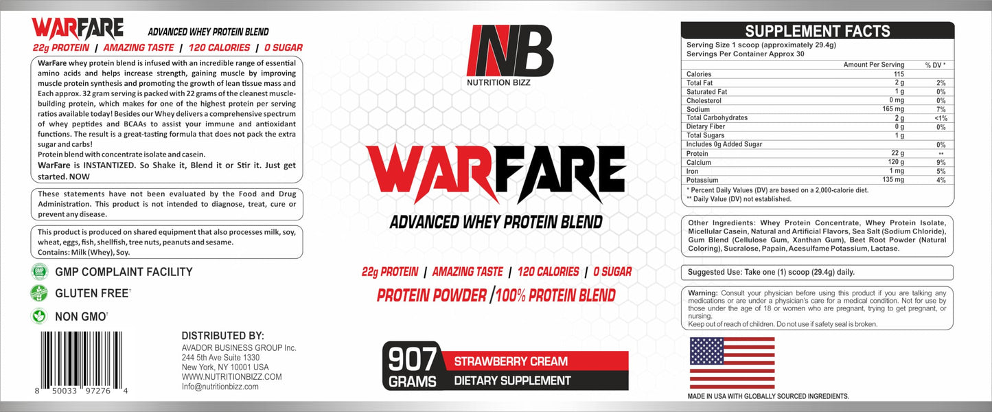 NutritionBizz Warfare 2 lbs Advanced Whey Protein Blend 22g Protein per Serving Amazing Flavors (2 lbs, Strawberry Cream)