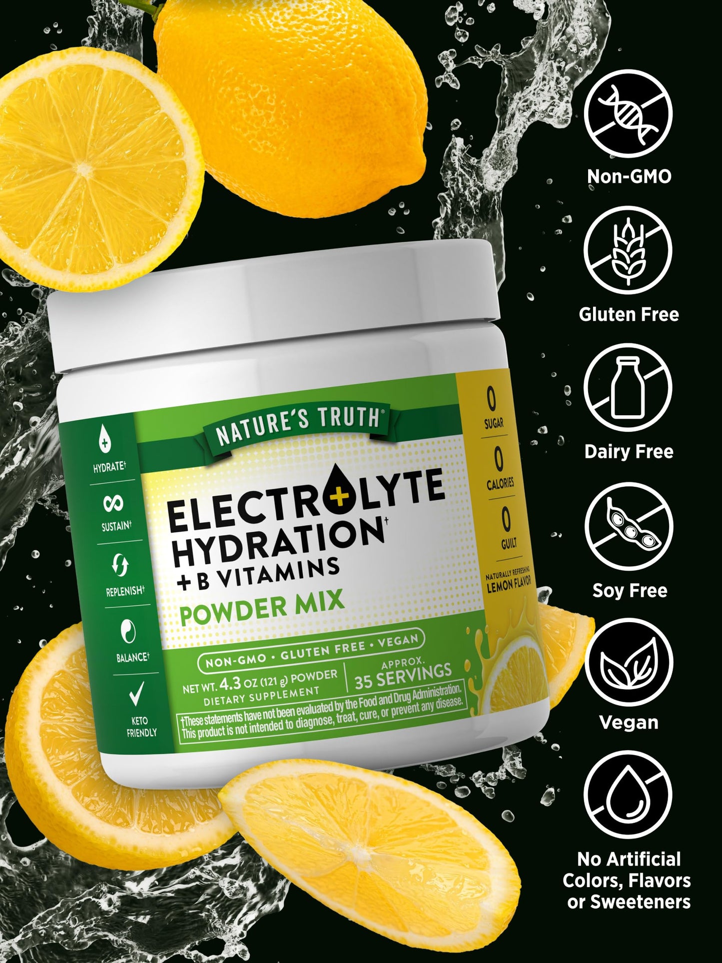 Nature's Truth Electrolytes Powder | No Sugar | Vegan, Non-GMO & Gluten Free Supplement for Hydration | with B Vitamins | Refreshing Lemon Flavor