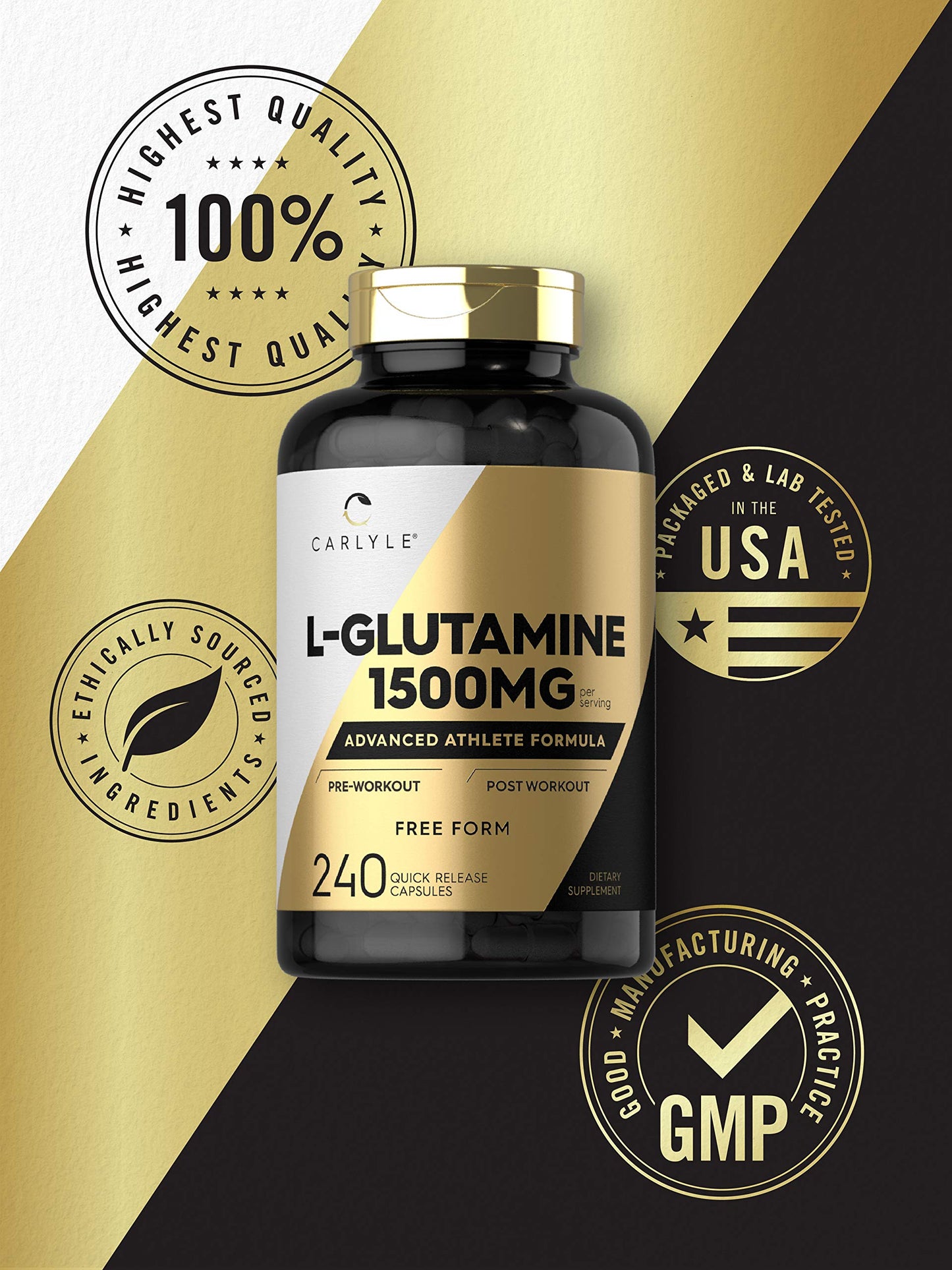 Carlyle L Glutamine Capsules | 1500mg | 240 Powder Pills | Athlete Supplement | Pre and Post Workout Formula | Non-GMO, Gluten Free