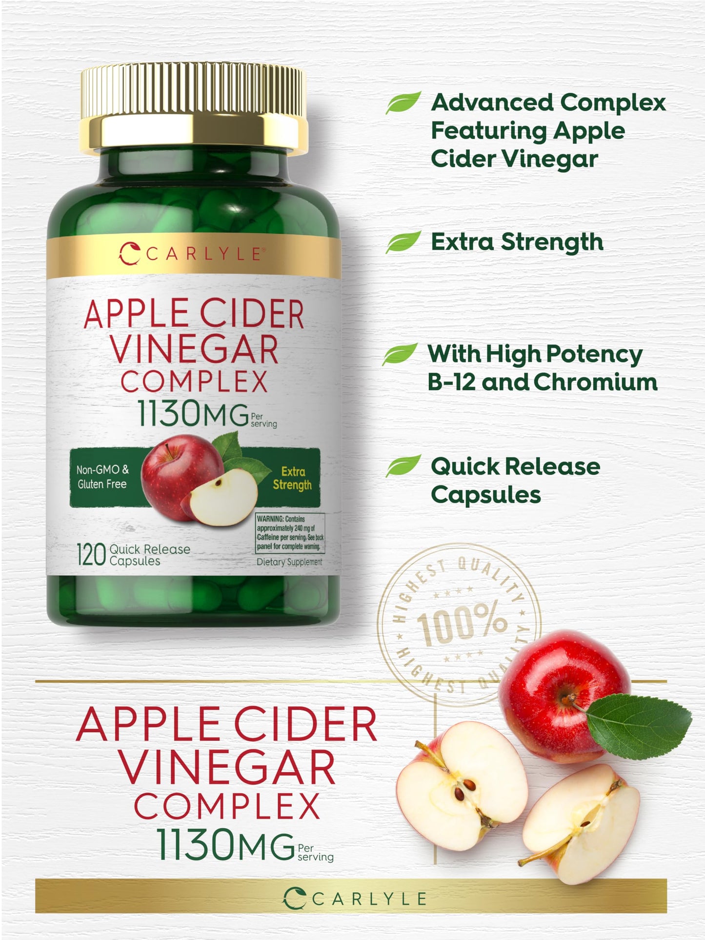 Carlyle Apple Cider Vinegar Complex Capsules | 120 Pills | with Cayenne and Ginger | Non-GMO & Gluten Free Supplement
