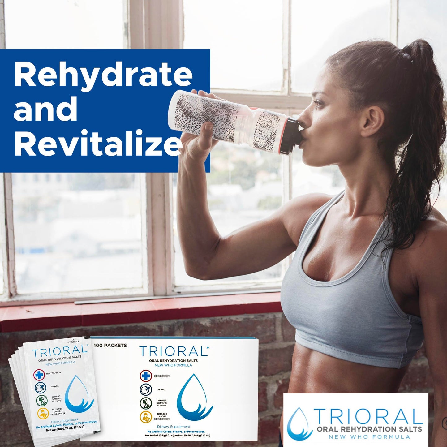 TRIORAL Rehydration Electrolyte Powder - WHO Hydration Supplement Salts Formula - Combat Dehydration from Workouts, Fluid Loss and Much More - 100 Drink Mix Packets