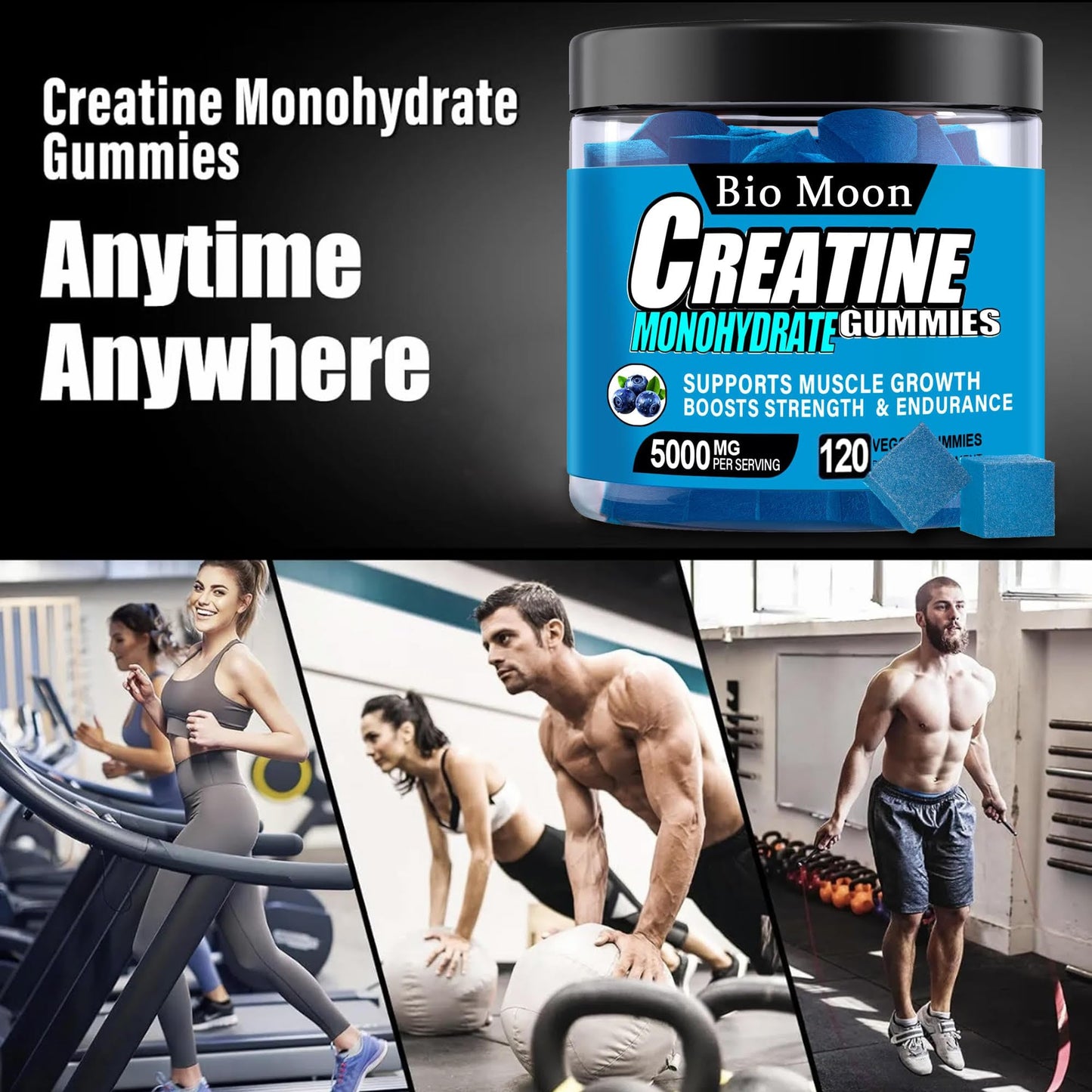 Bio Moon Creatine Monohydrate Gummies 5000mg for Men & Women, Chewables Creatine Monohydrate for Muscle Strength, Muscle Builder, Energy Boost, Pre-Workout Supplement(120 Count)- Blueberry Flavour