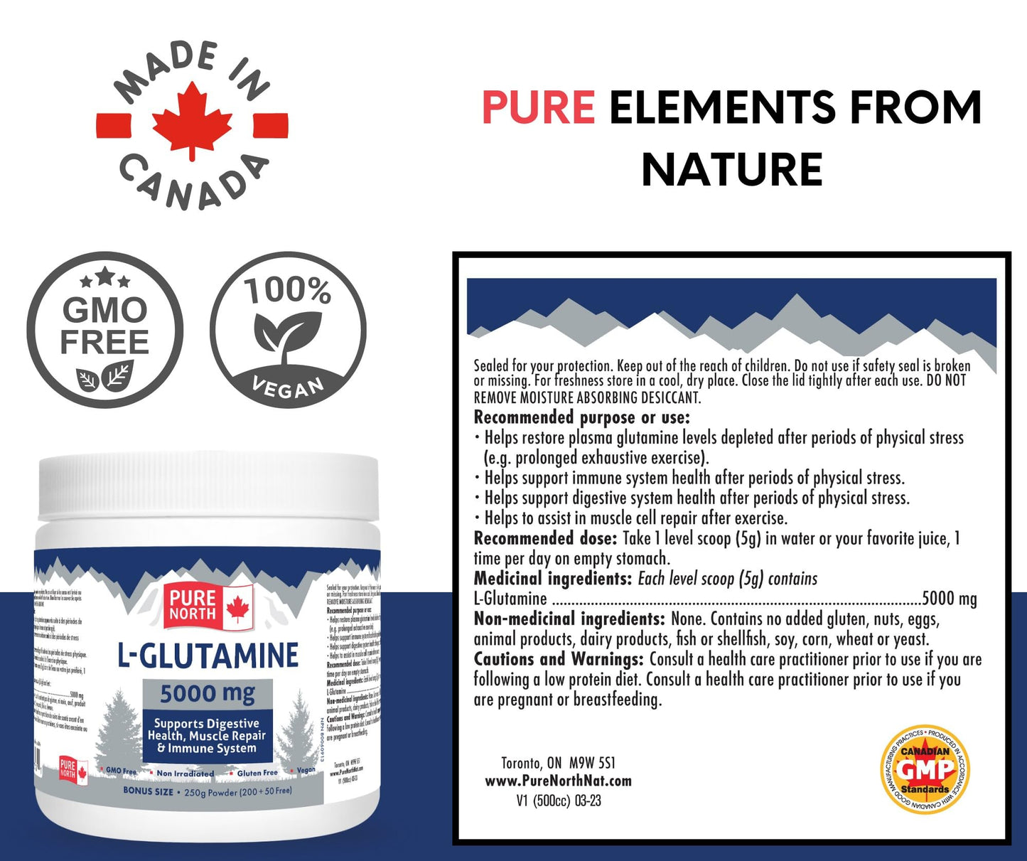 PURE NORTH NATURALS - L-Glutamine 5000mg, 250g - Gut L-Glutamine Powder Gut Health - Digestive Health - Support Muscle Repair & Support Immune System - 3rd Party Tested - Formulated & Made in Canada