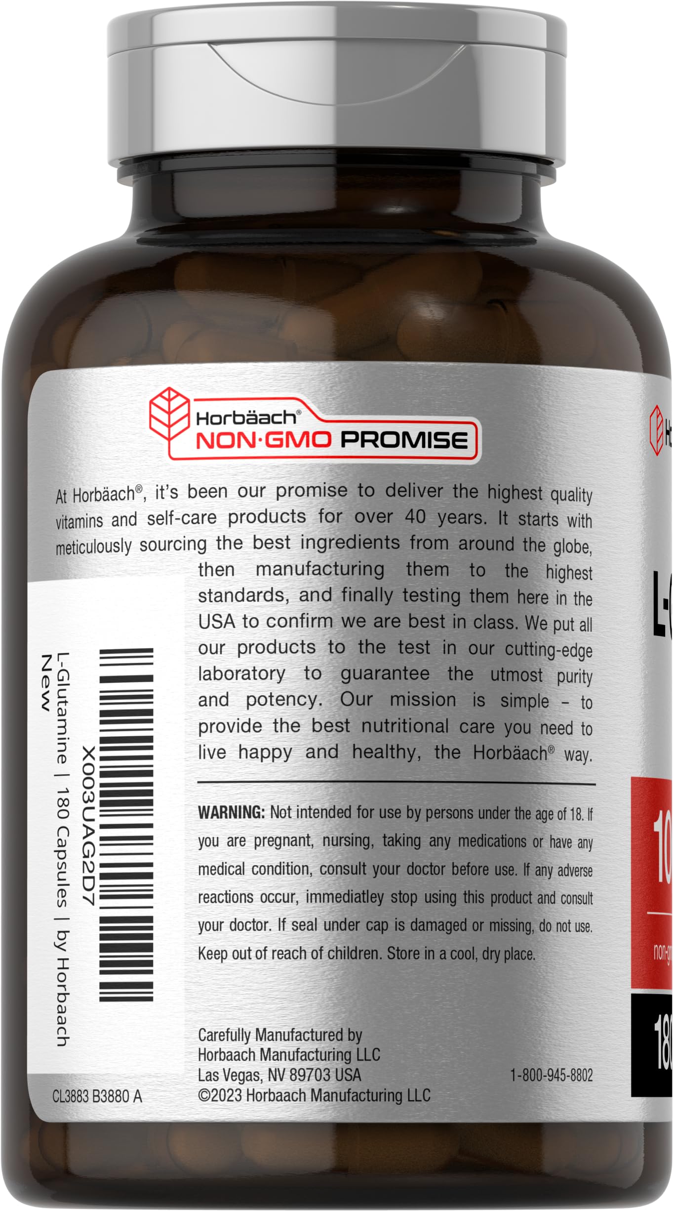 Horbaach L Glutamine Capsules 1000mg | 180 Powder Pills | Supplement for Women and Men | Pre Workout & Post Workout | Non-GMO & Gluten Free