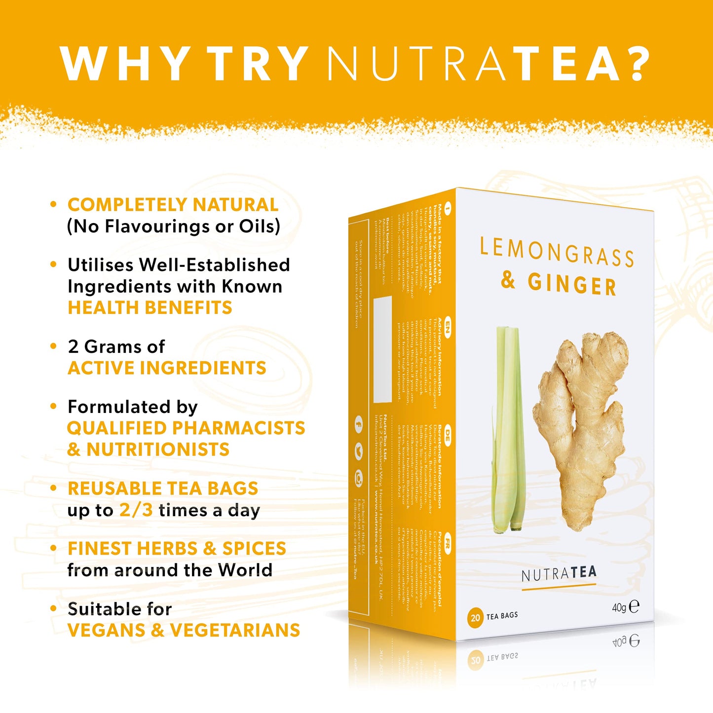 Nutra Tea Lemongrass Ginger Tea 40 Tea Bags Herbal Tea 2 Pack