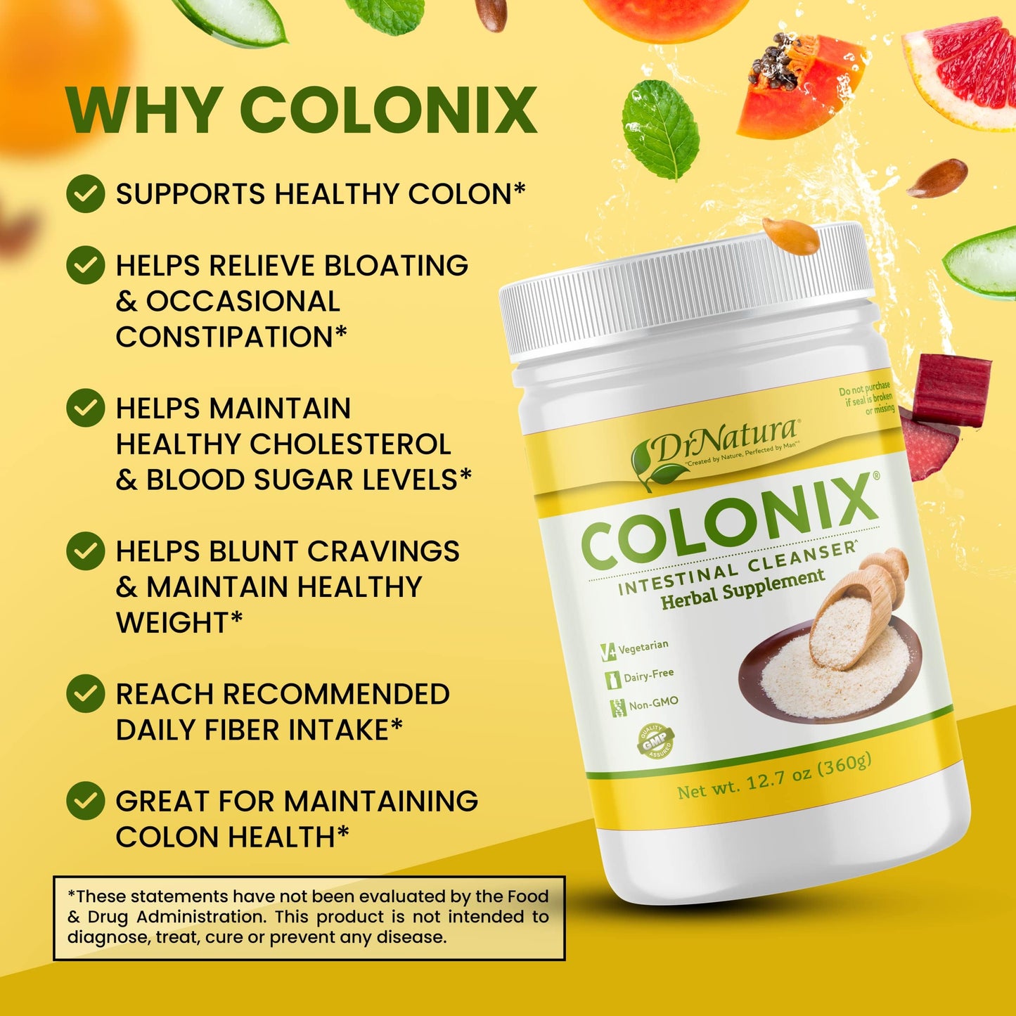 DrNatura Colonix Intestinal Cleanser, All-Natural Daily Fiber, Colon Detox and Cleanse, Supports Healthy Colon, Intestines, Gut, 30 Day Serving, 12.7 Oz.