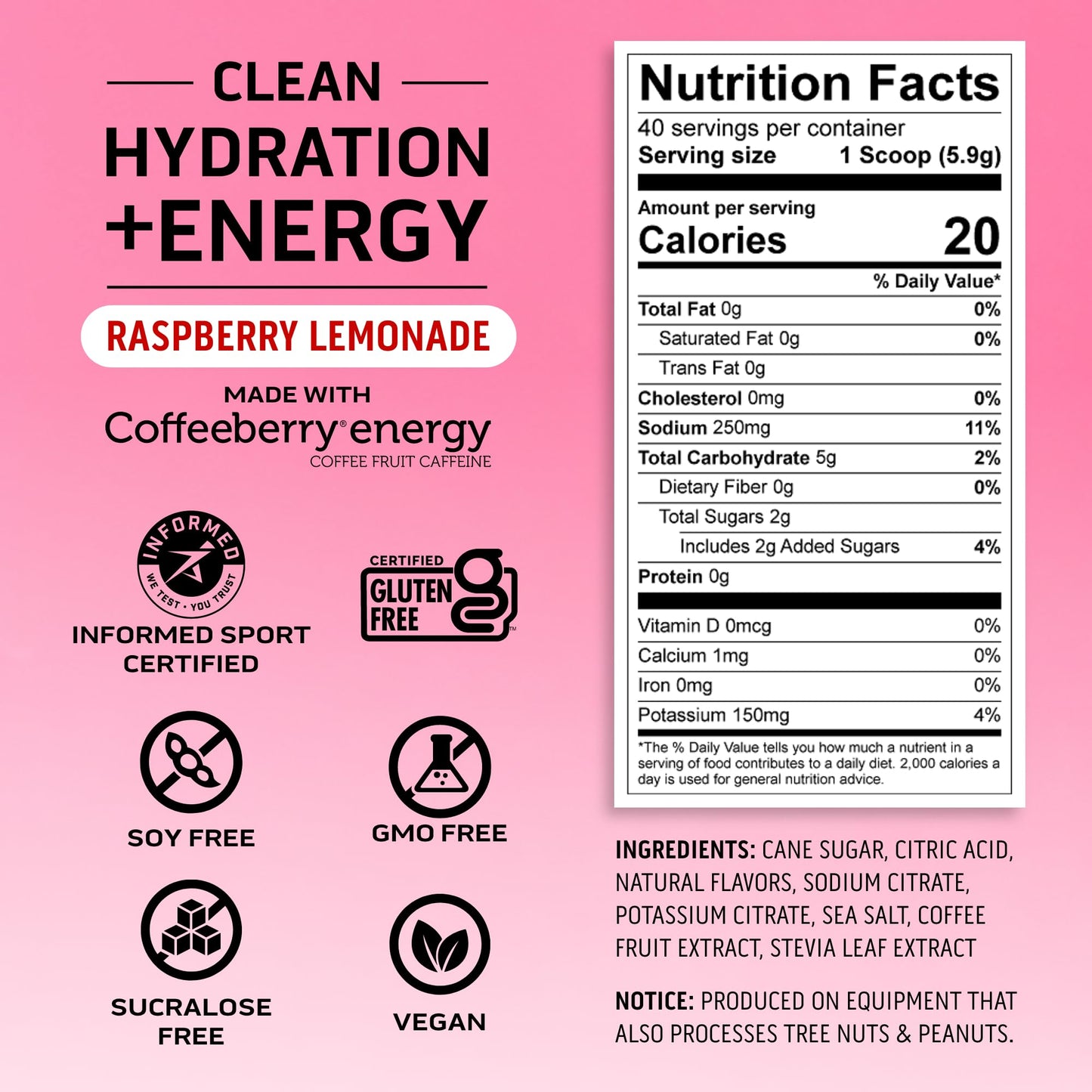 Ascent Clean Hydration + Energy Electrolytes Powder - 100mg Caffeine, 400mg Electrolytes, No Artificial Ingredients, Raspberry Lemonade 40 Servings