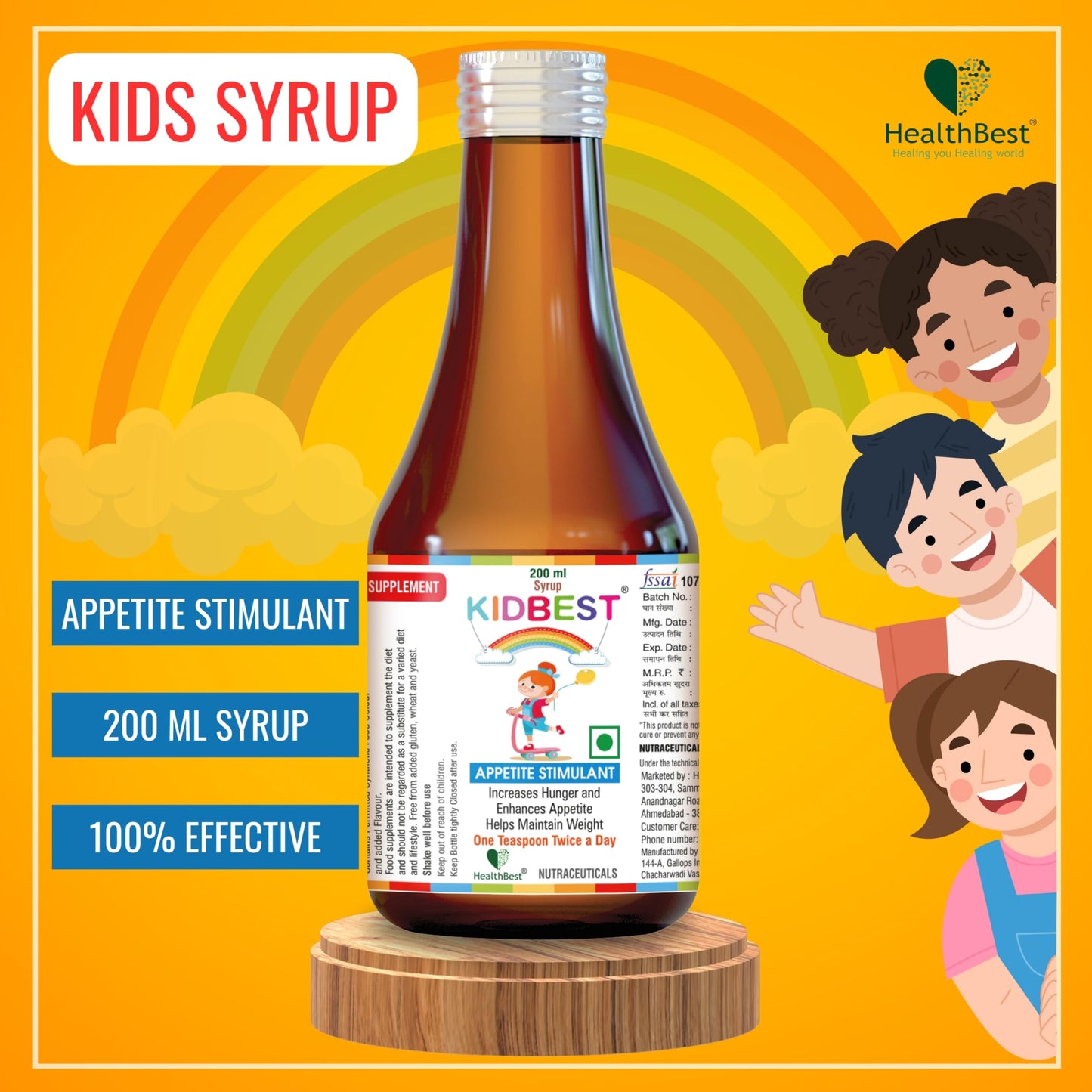 HealthBest Kidbest Appetite Stimulant Syrup for 3-13 Yrs Kids | Increase Hunger | Helps Maintain Weight | Gluten Free | L-Lysine HCI,Vitamins B1,B2,B6,B12 | 200 ml