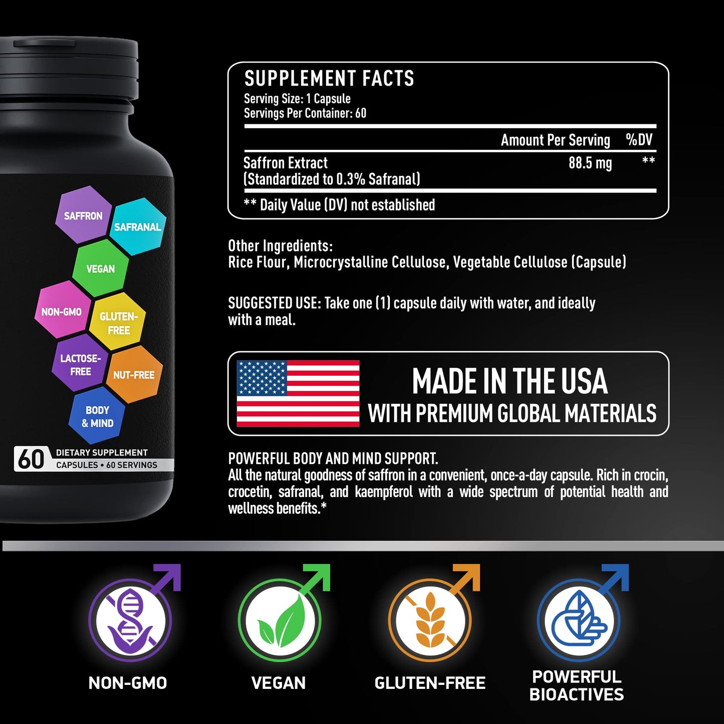 BIOACTIVE LABS Optimized Saffron Supplements - 88.5mg Pure Saffron Extract for Mood Support, Focus, Energy - Plus Crocin, Crocetin, Kaempferol - Gluten-Free, Non-GMO - 1-a-Day 60 Capsules