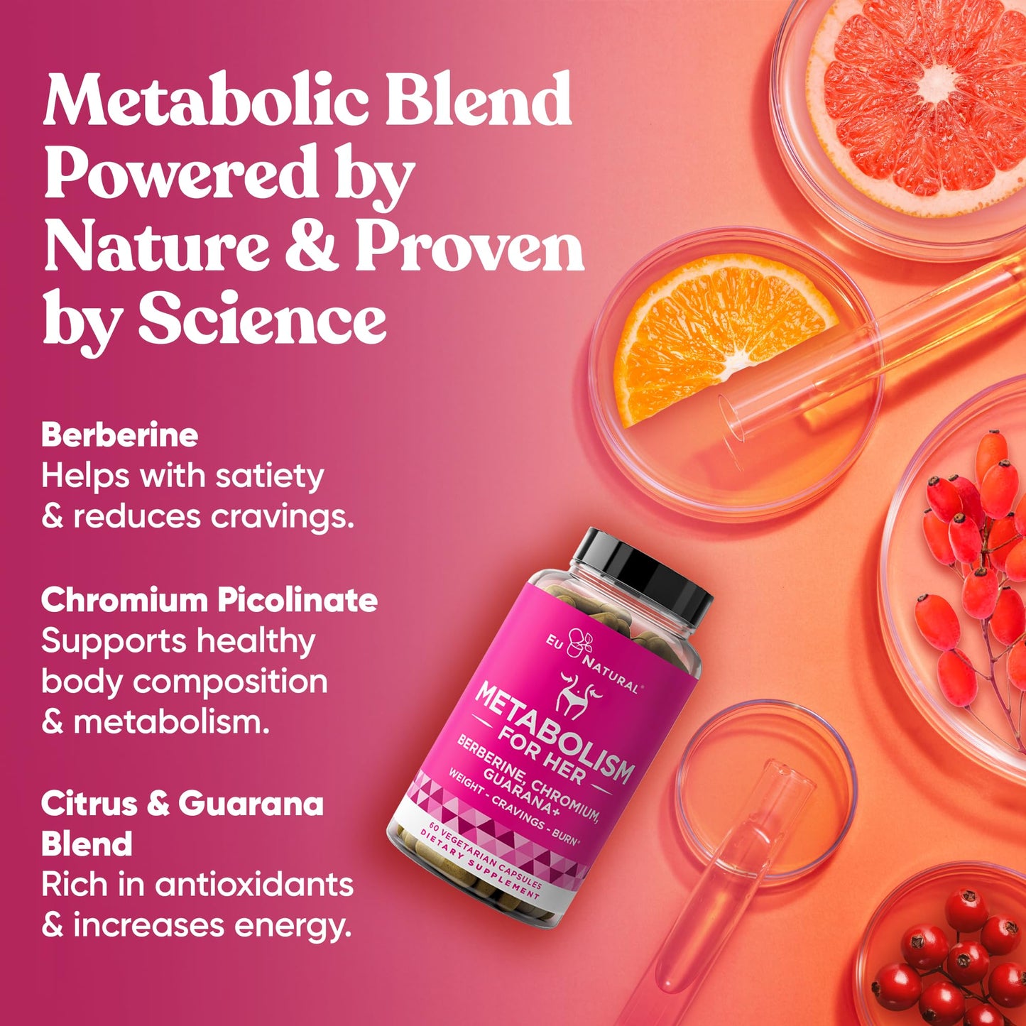 Metabolism for Her - Appetite & Metabolism Support for Women - Curb Cravings, Reduce Caloric Intake & Promote Feelings of Fullness - Berberine, Chromium Picolinate & Guarana - 60 Veg Capsules