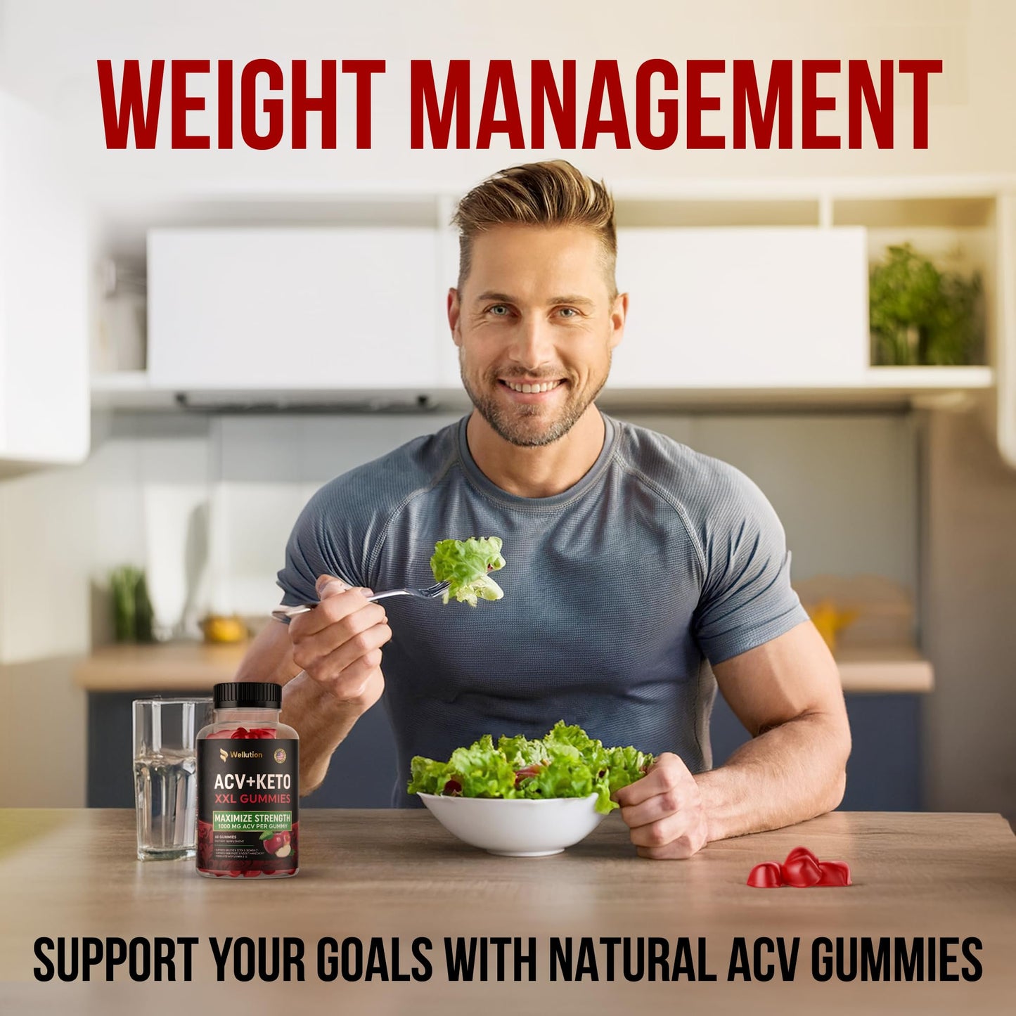 WELLUTION Apple Cider Vinegar Gummies - 1000mg ACV, Vitamin B12, Folate & Antioxidants for Energy, Digestion, Weight Management & Overall Health - 60 Vegan Gummies