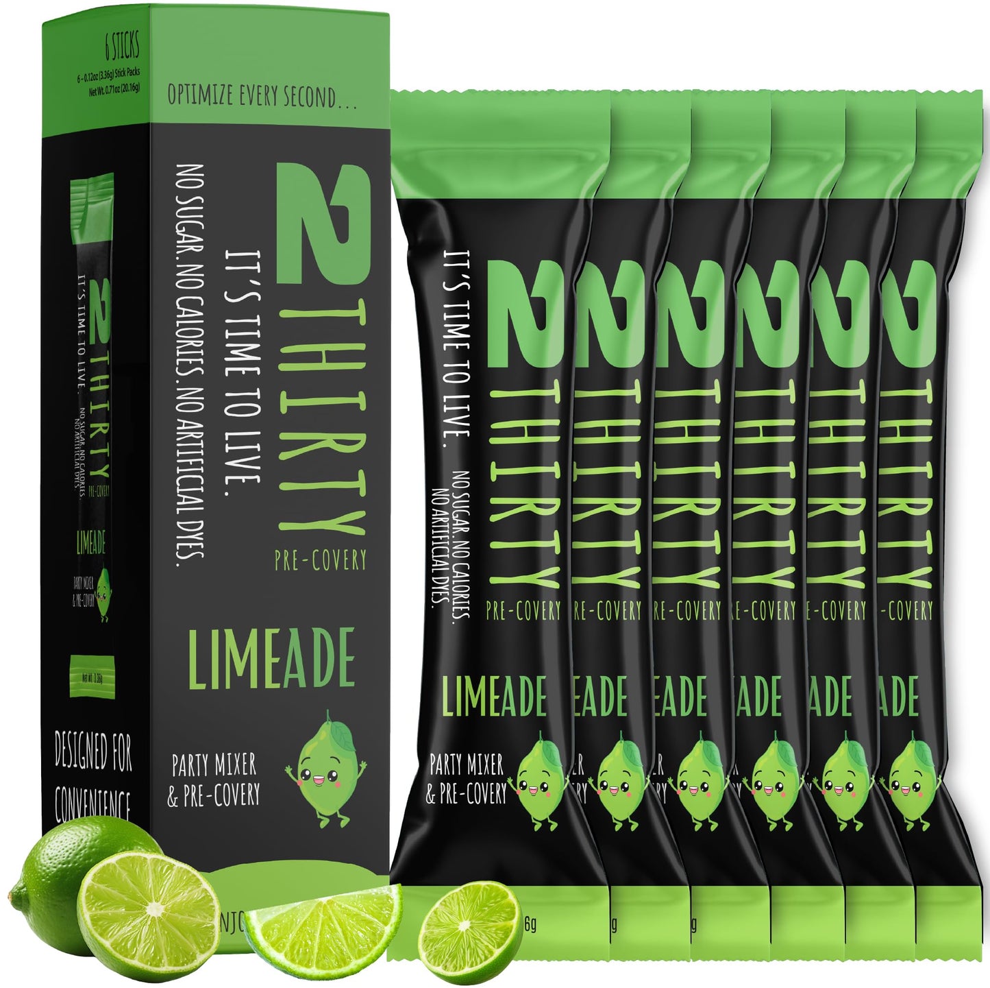 2THIRTY Hydration & Precovery Mixer | No Sugar, Zero Calories | Electrolyte Powder Packets + Vitamin B12, Aminos & Natural Herbs (6 Pack, Limeade)
