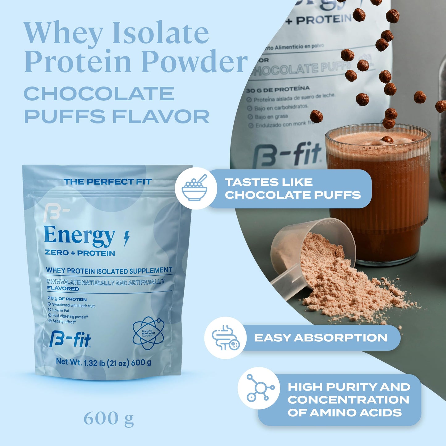 B-FIT B Whey Zero Protein 600 gr - Chocolate Puffs Flavor - High Purity and Concentration Amino Acids - Easy Absorption - Low in Fat and Carbohydrates -17 Servings