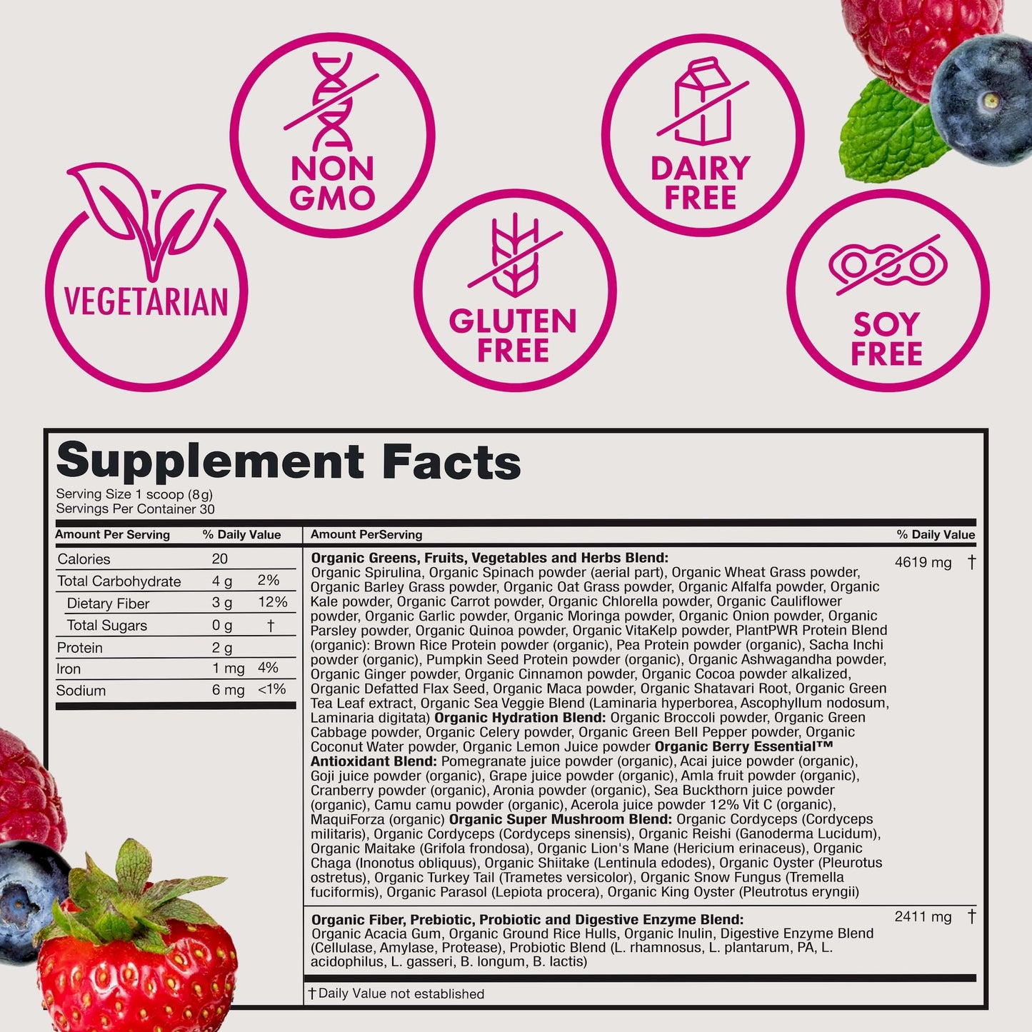 Zena Nutrition Organic Supergreens Powder, 70+ Superfoods, 0 Sugar, 3G Fiber, Spirulina, Chlorella, Antioxidants, Prebiotics/Probiotics, Digestive Enzymes, Mixed Berry, 30 Servings