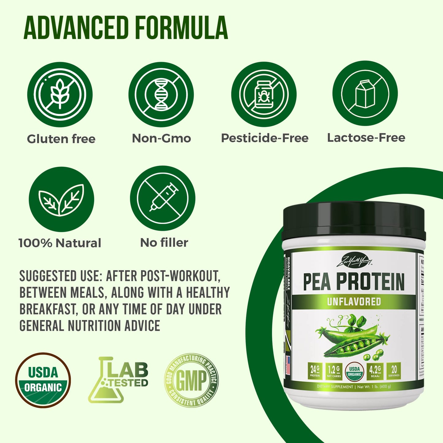zyy Pure Organic Hydrolyzed Vegan Pea Protein Powder - Easy to Digest, Unsweetened, Natural Unflavored, Dairy Free, Gluten Free, Soy Free, Sugar Free, Non-GMO with BCAA