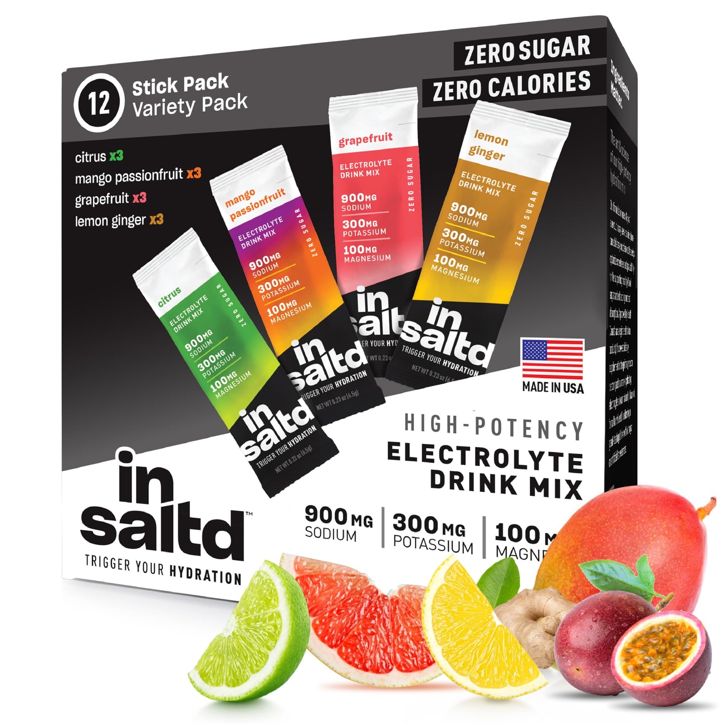 INSALTD™ Sugar Free Electrolytes Powder Packets with No Stevia Aftertaste | High-Potency Hydration Packets | Keto Electrolyte Drinks | Intermittent Fasting Drink Mix | 12 Pack (Variety Pack)