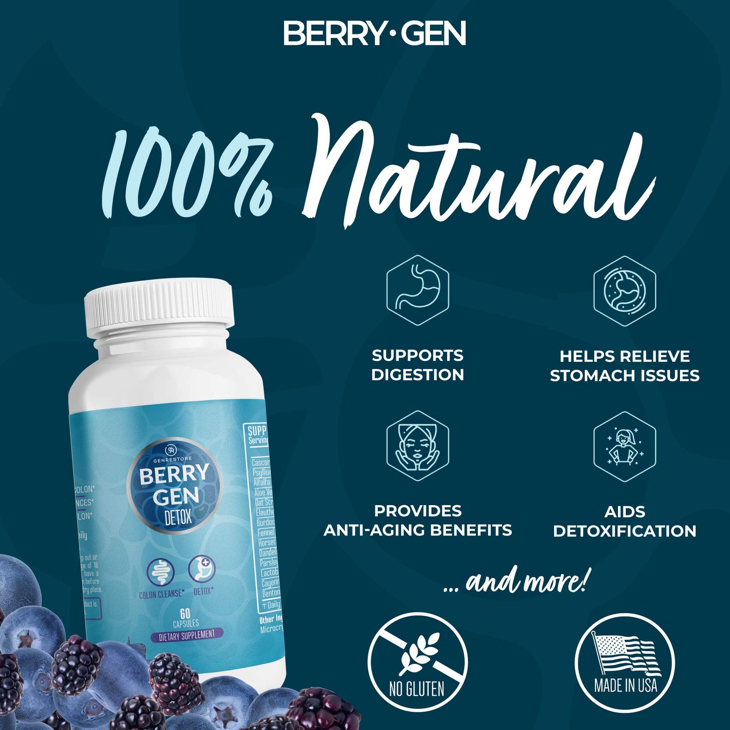 Berry Gen: Detox Herbal Supplement with Probiotics, Aloe Vera, Psyllium Husk, and Parsley - 60 Capsules - Natural Formula - Supports Digestive System - Made in The USA