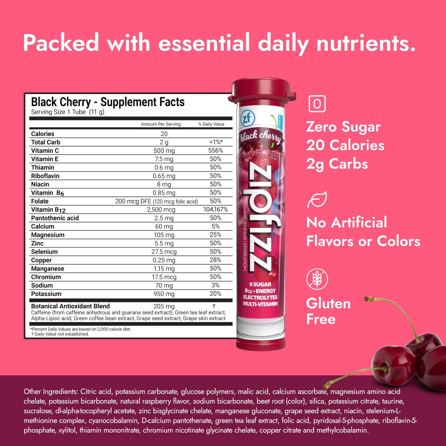 Zipfizz Energy Drink Mix Electrolyte Hydration Powder with B12 and Multi Vitamin Black Cherry 20 Count