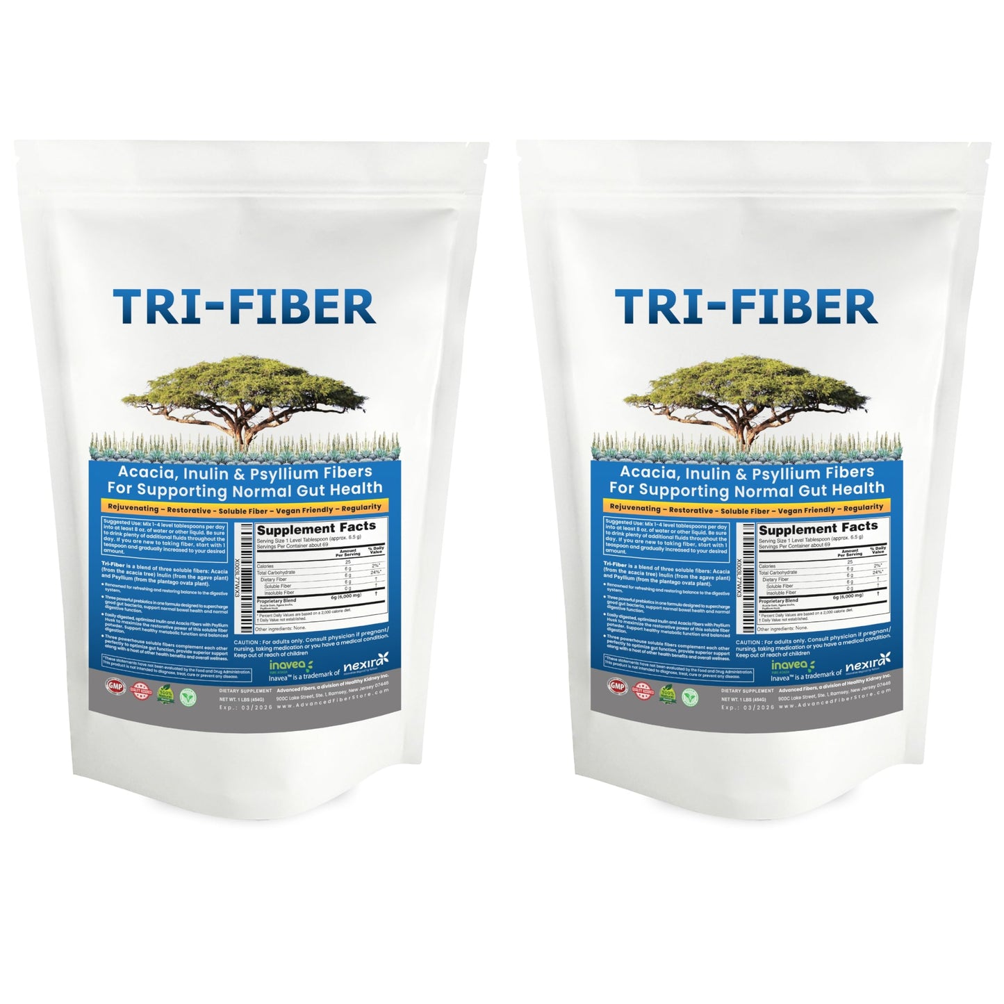 Tri-Fiber Soluble Fiber Powder, Unflavored High Fiber 3-in-1 Soluble Fiber Supplement for Digestive Support. Dietary Fiber 2x1lbs (2x16oz)