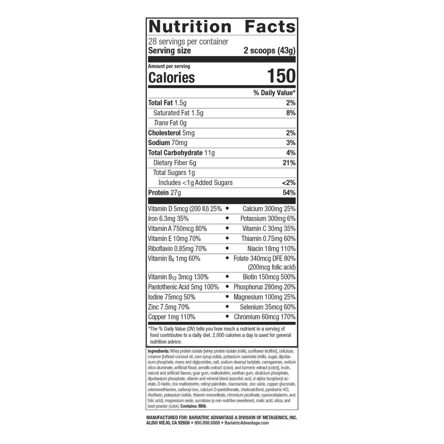 Bariatric Advantage High Protein Meal Replacement Drink Mix, Protein Powder Whey Isolate for Gastric Bypass and Sleeve Gastrectomy Patients, 27g Protein, Lactose Free - Strawberry - 28 Servings