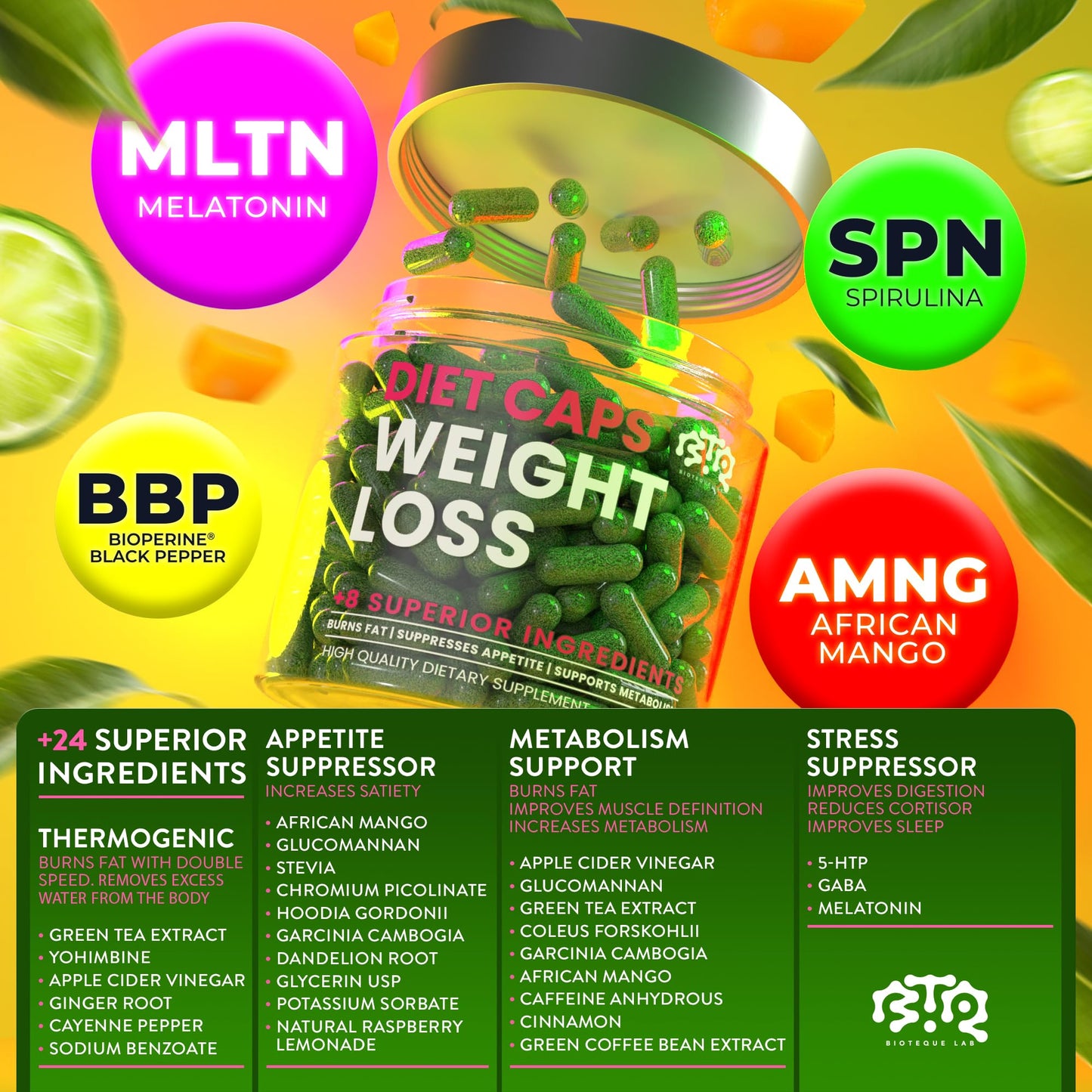Bioteque Lab Weight Loss Diet Capsules, Natural Appetite Suppressant, Day & Night Fat Burner for Women & Men with Apple Cider, Green Coffee Bean Extract, Metabolism Booster Supplement - 60 Pills
