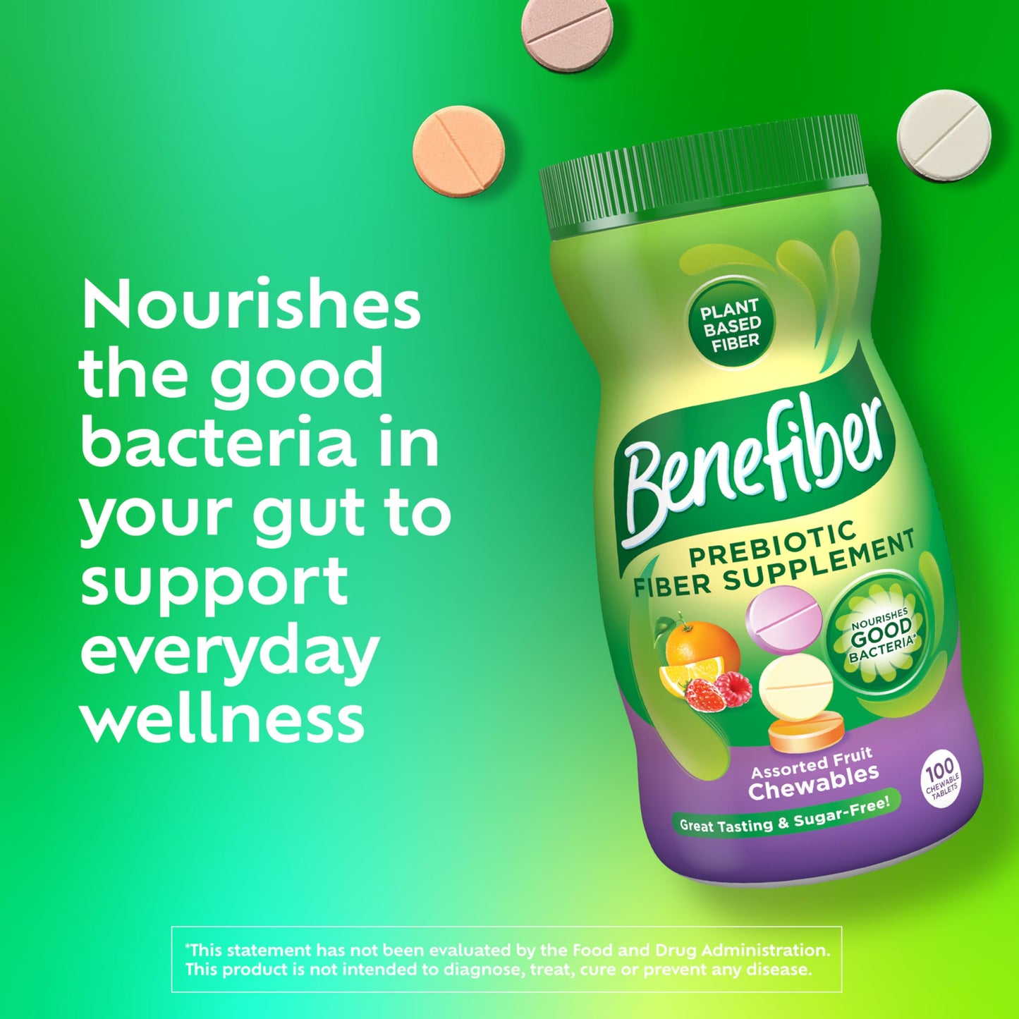Benefiber Chewable Prebiotic Fiber Supplement Tablets for Digestive Health, Assorted Fruit Flavors - 100 Count