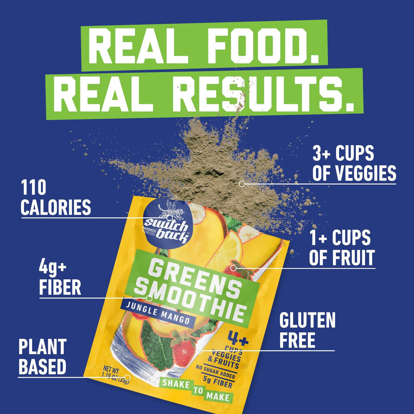 Switchback Greens Smoothie Powder Gluten Free Mix for Water Juice or Milk Made with Real Fruit and Veggies Green Drink for Energy Boost Vegan Plant Based 45g Fiber 3 Packets Sampler Pack