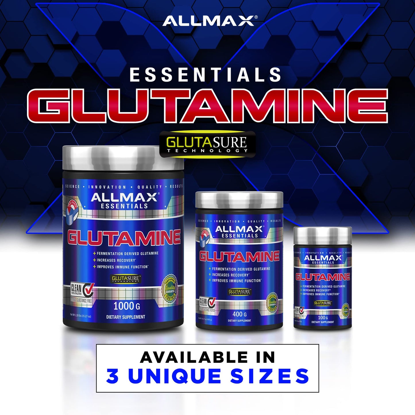 ALLMAX Essentials GLUTAMINE - 100 g Powder - Fermentation-Derived Glutamine - Increases Recovery & Supports Immune System - Gluten Free & Vegan - 20 Servings