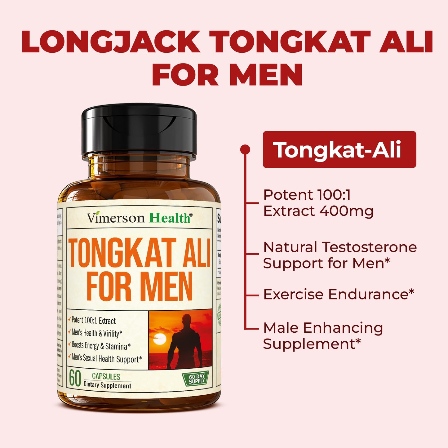 Tongkat Ali for Men: Premium & Potent Testosterone Supplement for Men with Longjack Tongkat Ali Powder - Male Enhancing Supplement for Workout. Testosterone Support & Muscle Builder. 60 Capsules