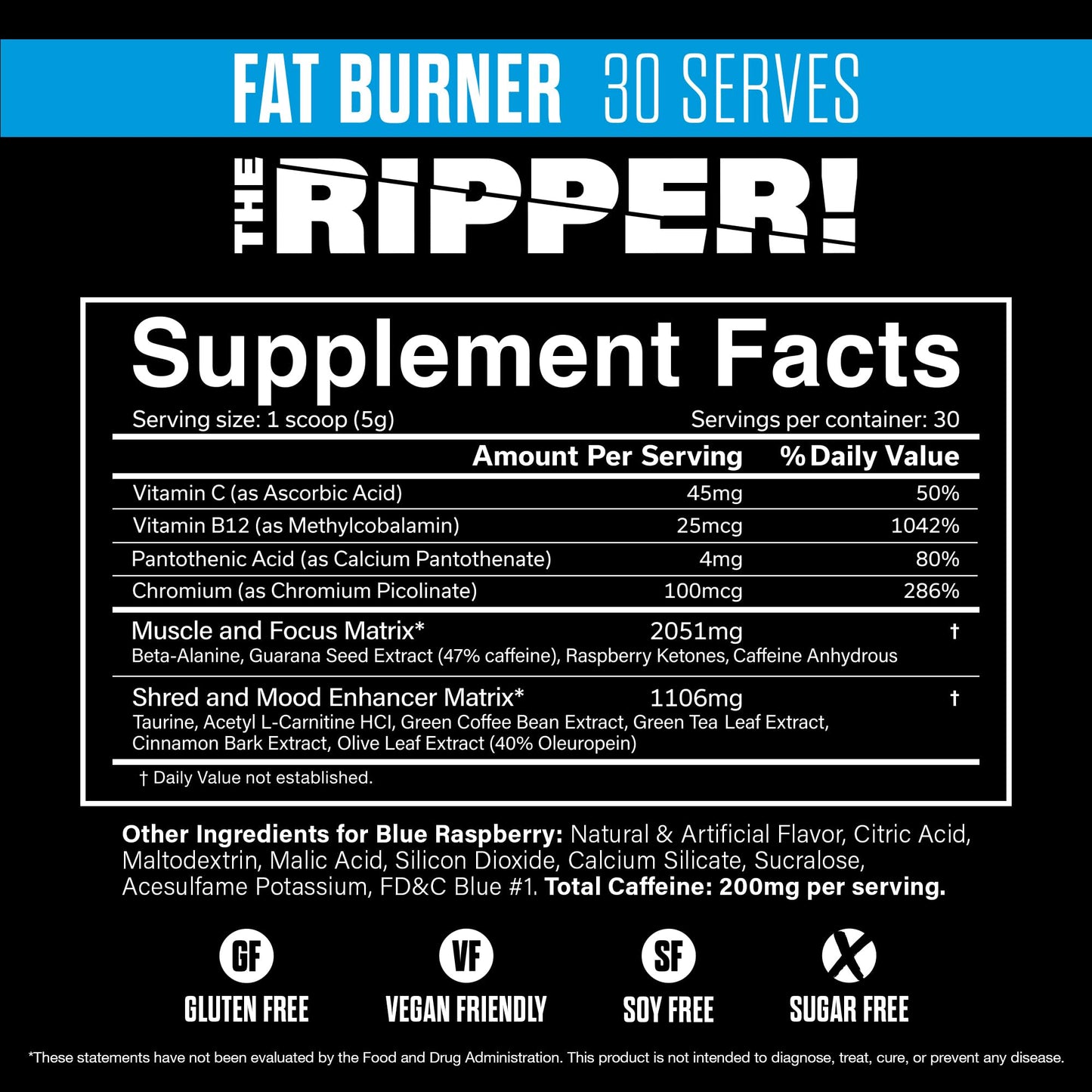 JNX SPORTS The Ripper! Shredding Thermogenic Fat Burner - Blue Raspberry 30 Servings | Advanced Fast Acting Thermogenic Pre-Workout, Appetite Suppressant for Men & Women