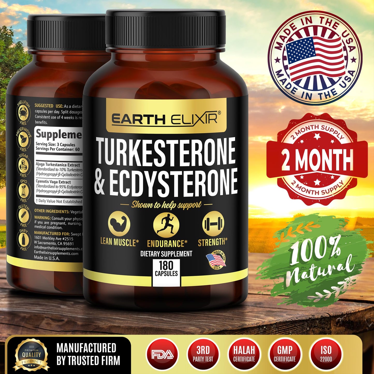 Earth Elixir Turkesterone 1000mg and Ecdysterone 1000mg Supplements (180 Capsules) 2 Month Supply - 3rd Party Tested- Turkesterone Supplement for Men (Ajuga Turkestanica) with 95% Beta Ecdysterone