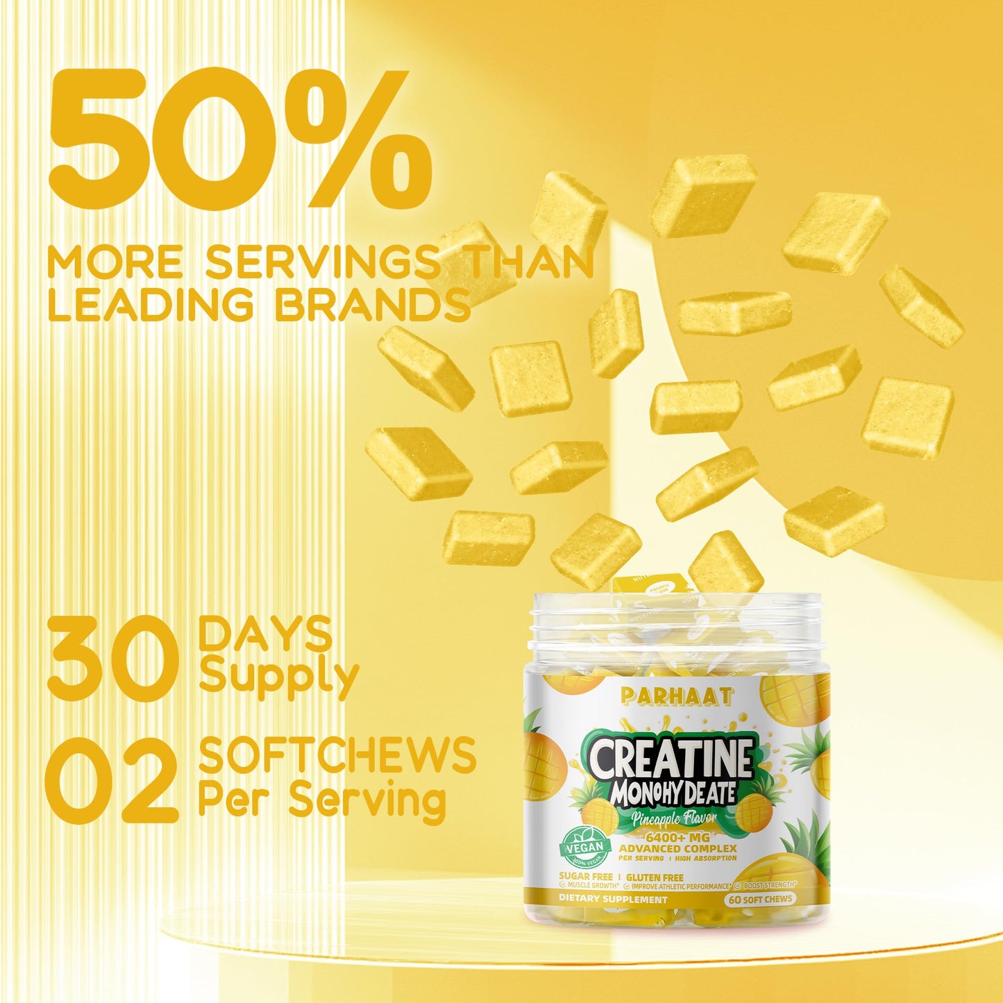 Creatine Monohydrate Chews Complex 6400mg for Men & Women -Advanced Formula W/L-Taurine + Vitamin B12, Sugar Free Chewable Supplement,60 Pineapple Softchews