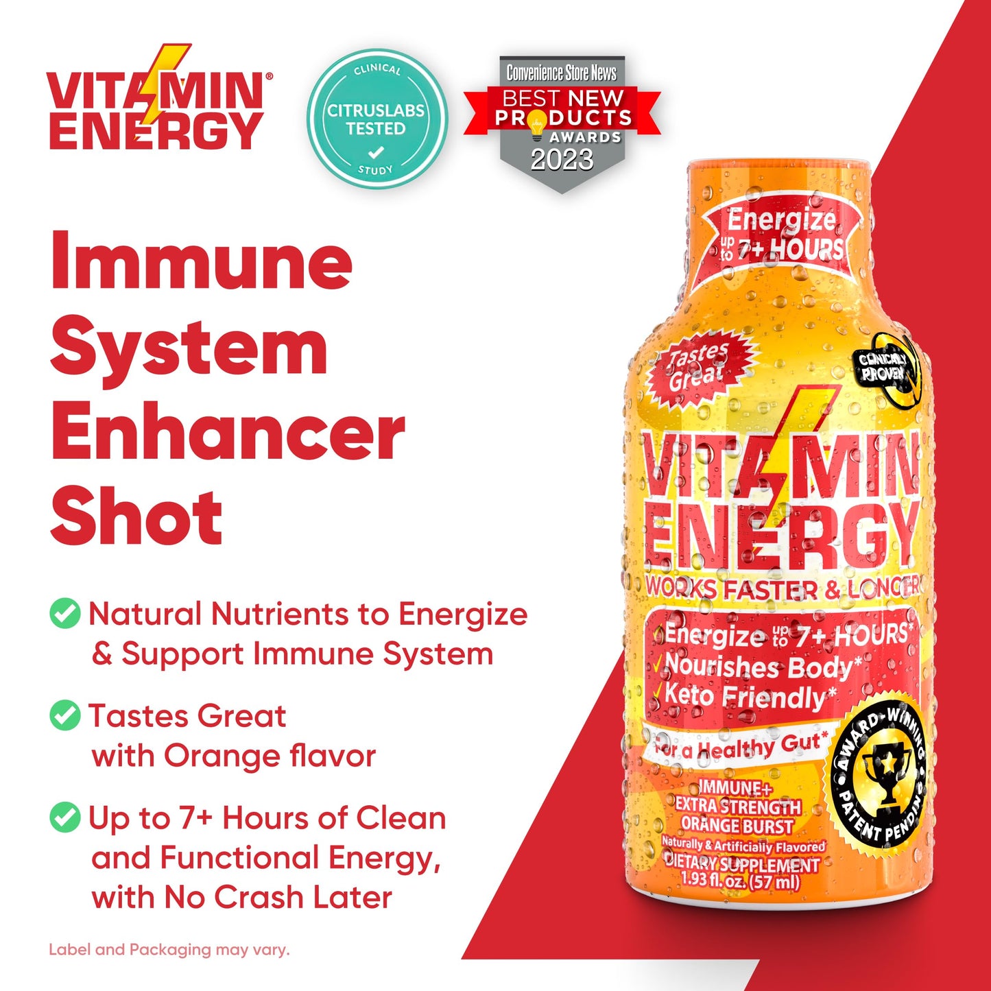 Vitamin Energy Immune+ Extra Strength Energy Shot - Orange Burst - 100% DV B-Vitamins & 260mg Caffeine - Zero Calories, Sugar-Free, Vegan, Non-GMO - Immunity & Energy Support - 1.93 fl oz, 24-Pack